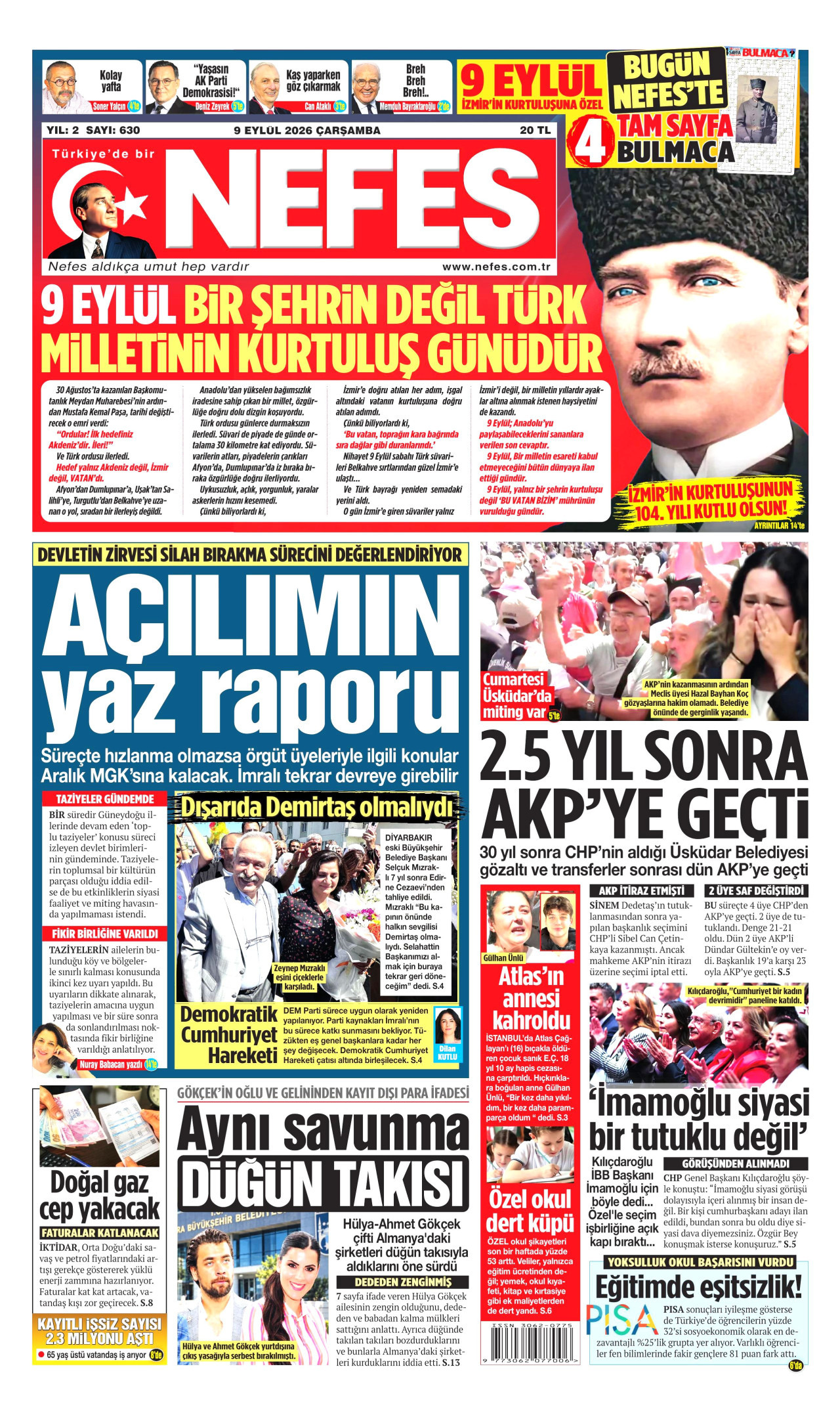 NEFES 9 Eylül 2026 Gazete Manşeti Büyük