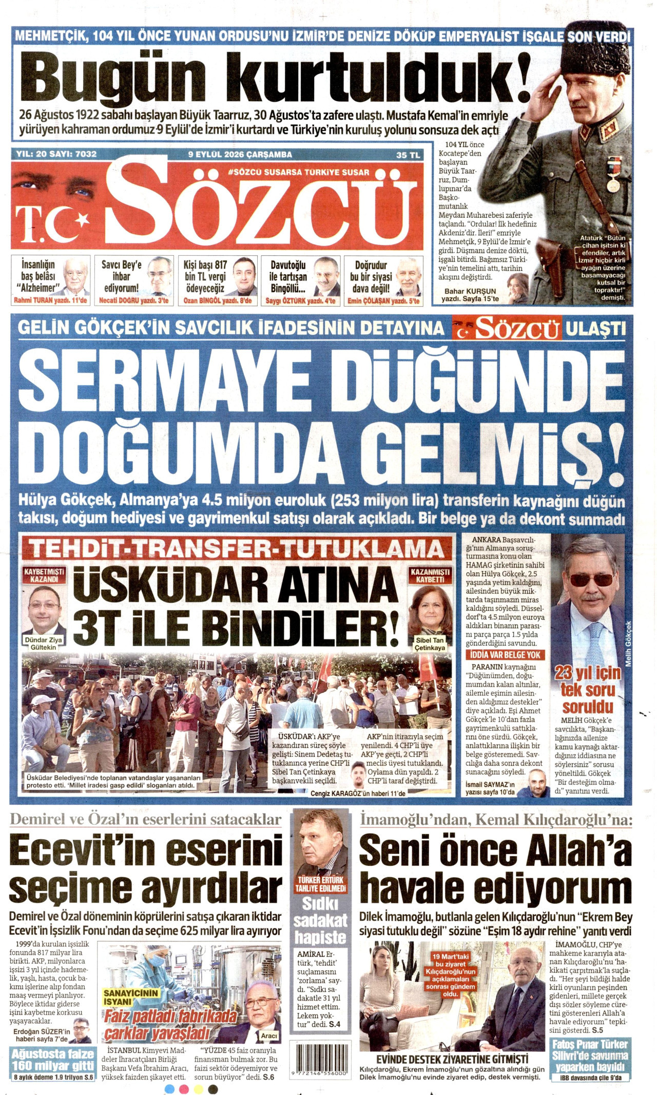 SÖZCÜ 9 Eylül 2026 Gazete Manşeti Büyük