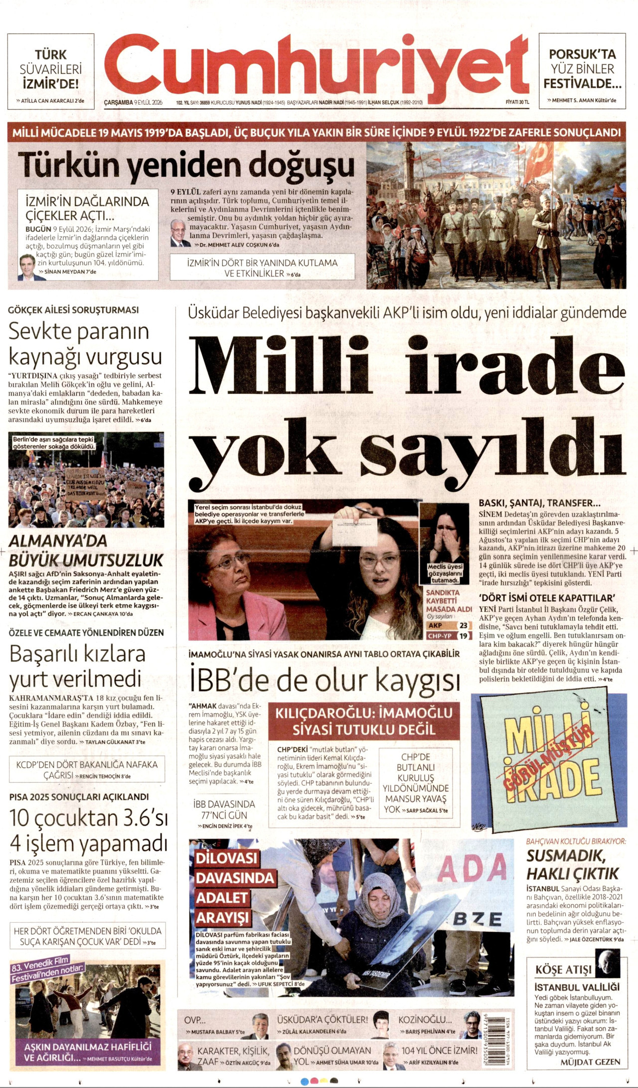 CUMHURİYET 9 Eylül 2026 Gazete Manşeti Büyük