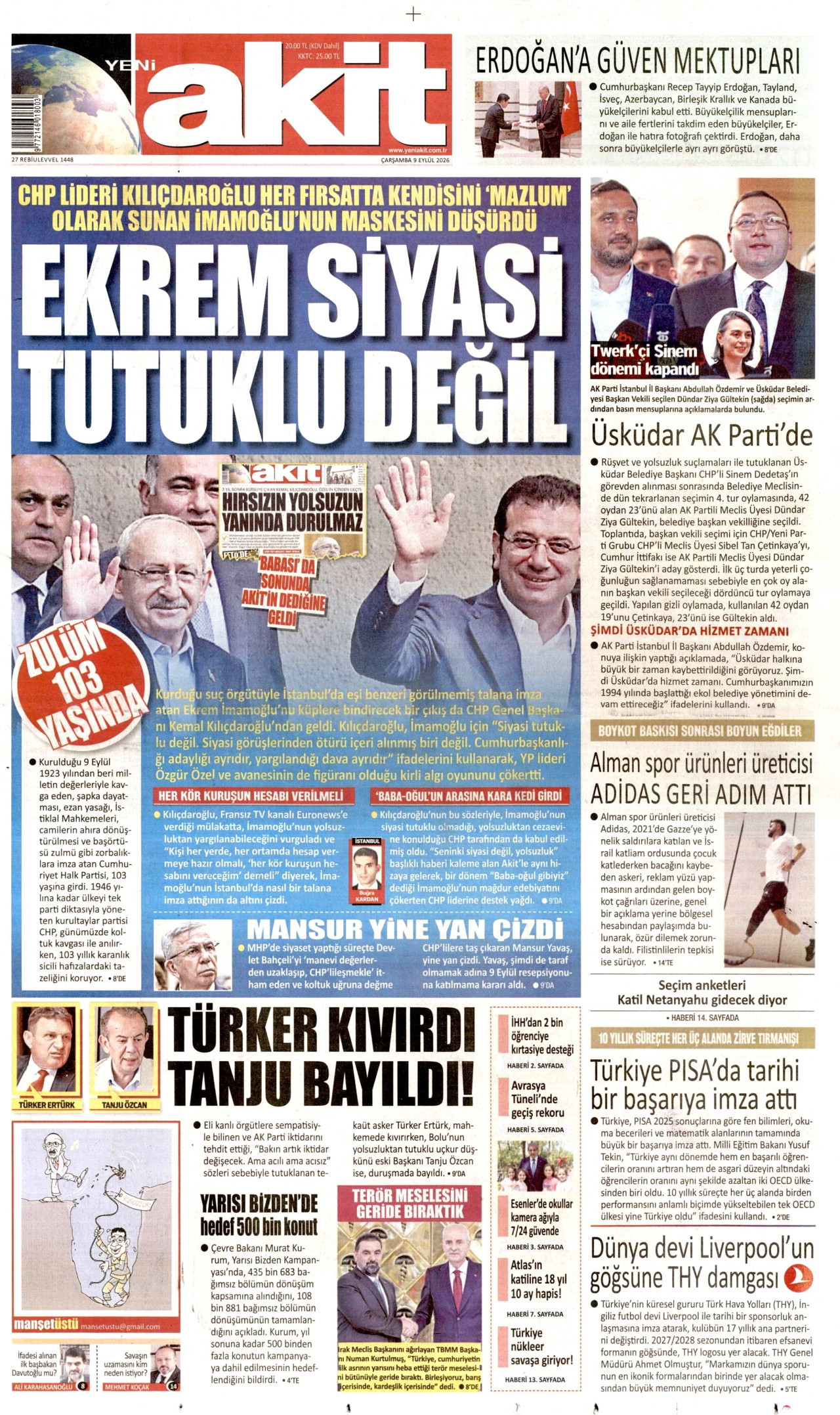 YENİ AKİT 9 Eylül 2026 Gazete Manşeti Büyük