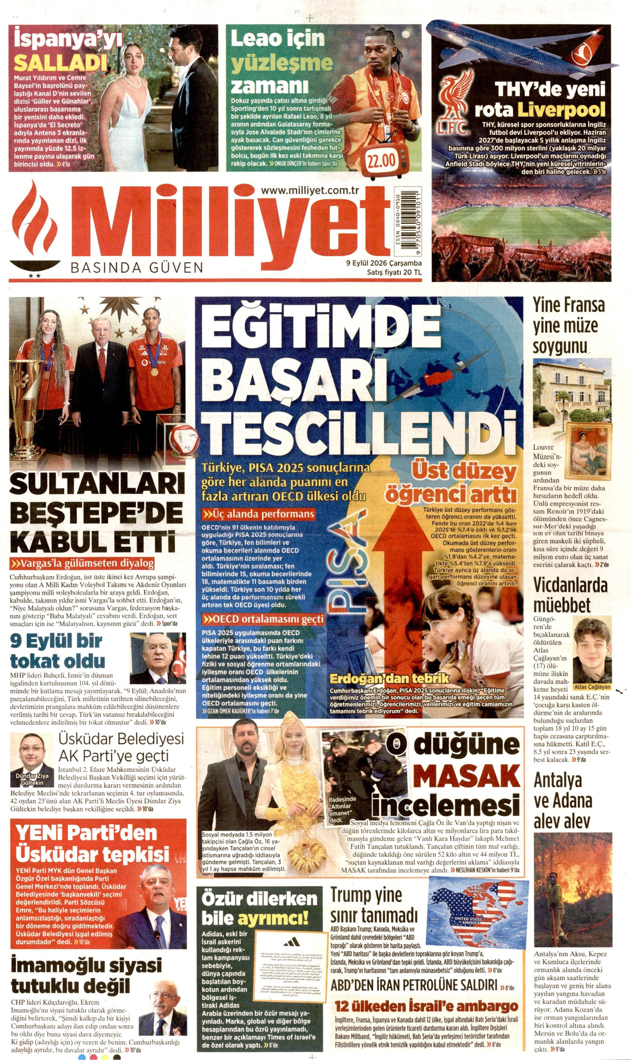 MİLLİYET 9 Eylül 2026 Gazete Manşeti Büyük