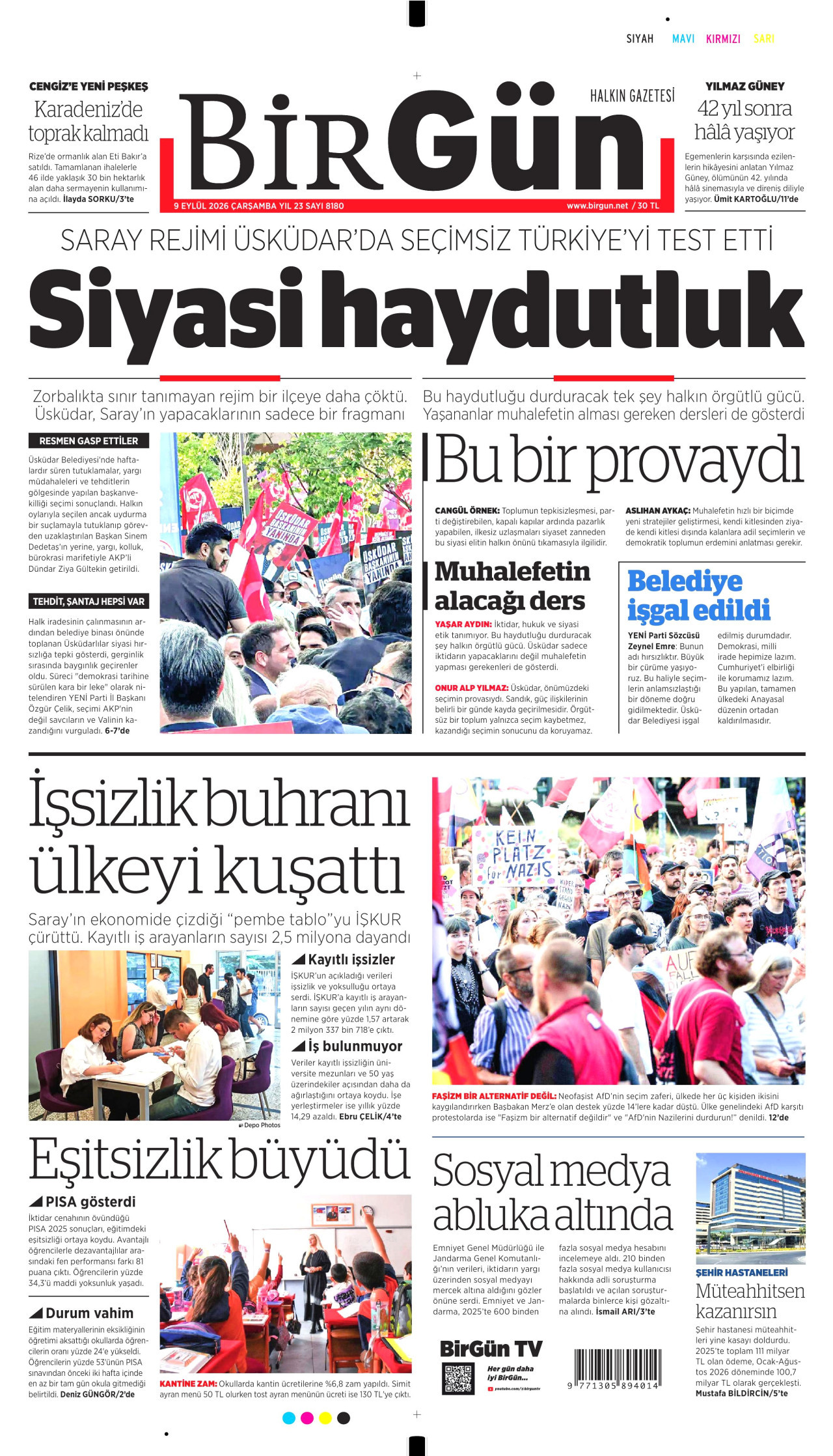 BİRGÜN 9 Eylül 2026 Gazete Manşeti Büyük