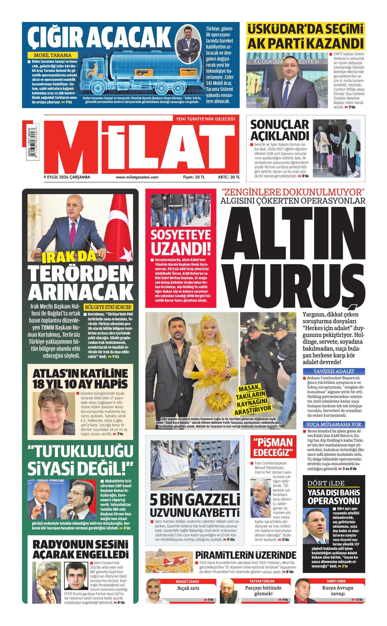 MİLAT 9 Eylül 2026 Gazete Manşeti Büyük
