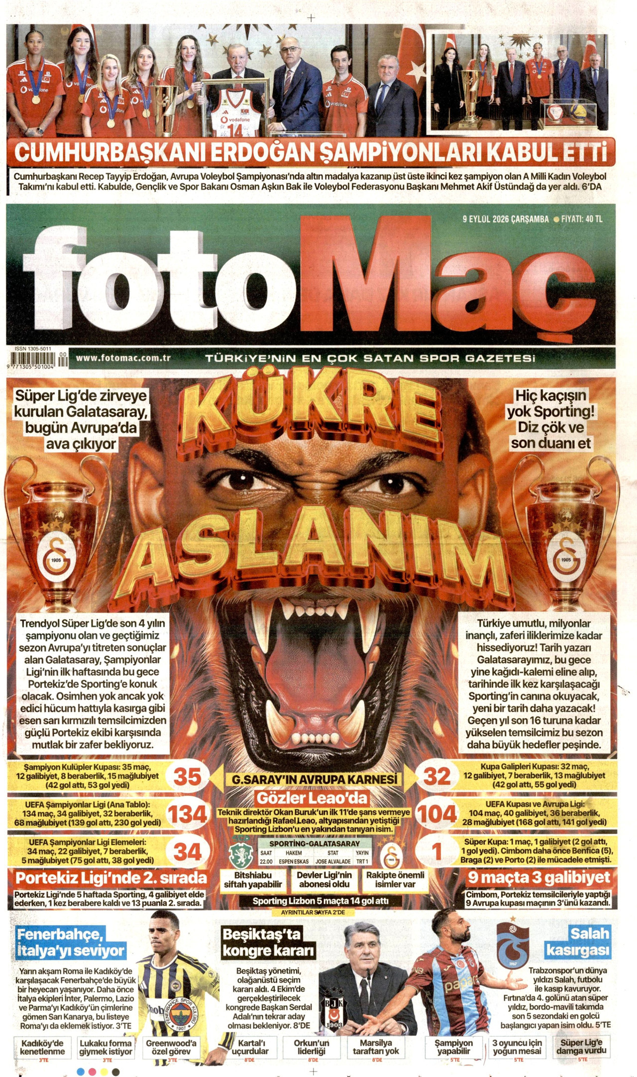 FOTOMAÇ 9 Eylül 2026 Gazete Manşeti Büyük