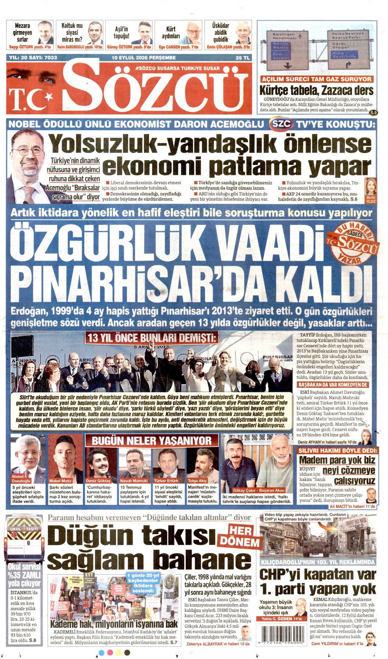 SÖZCÜ 10 Eylül 2026 Gazete Manşeti Büyük