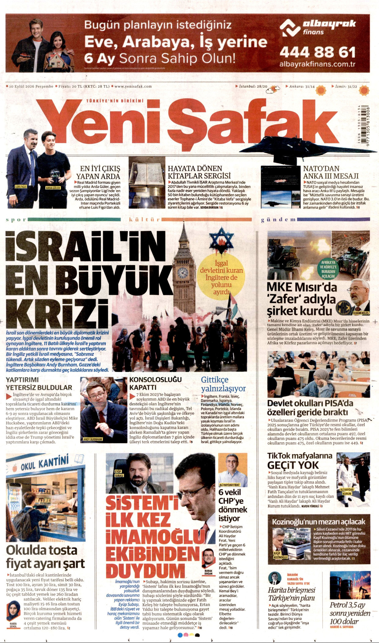 YENİ ŞAFAK 10 Eylül 2026 Gazete Manşeti Büyük