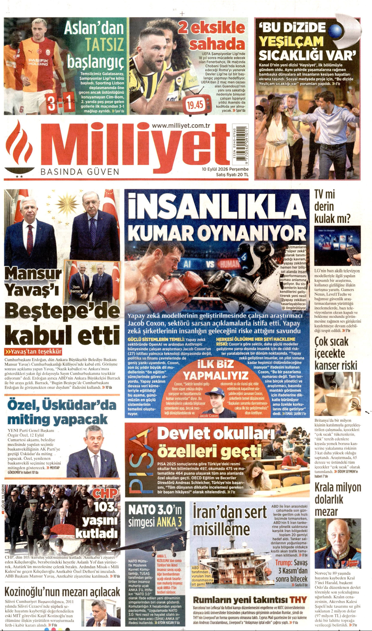 MİLLİYET 10 Eylül 2026 Gazete Manşeti Büyük