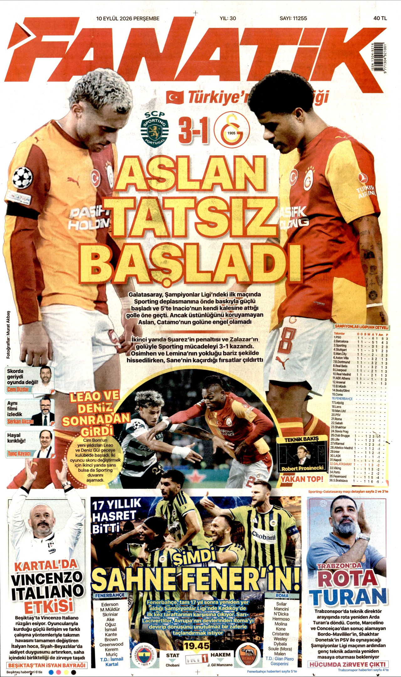 FANATİK 10 Eylül 2026 Gazete Manşeti Büyük