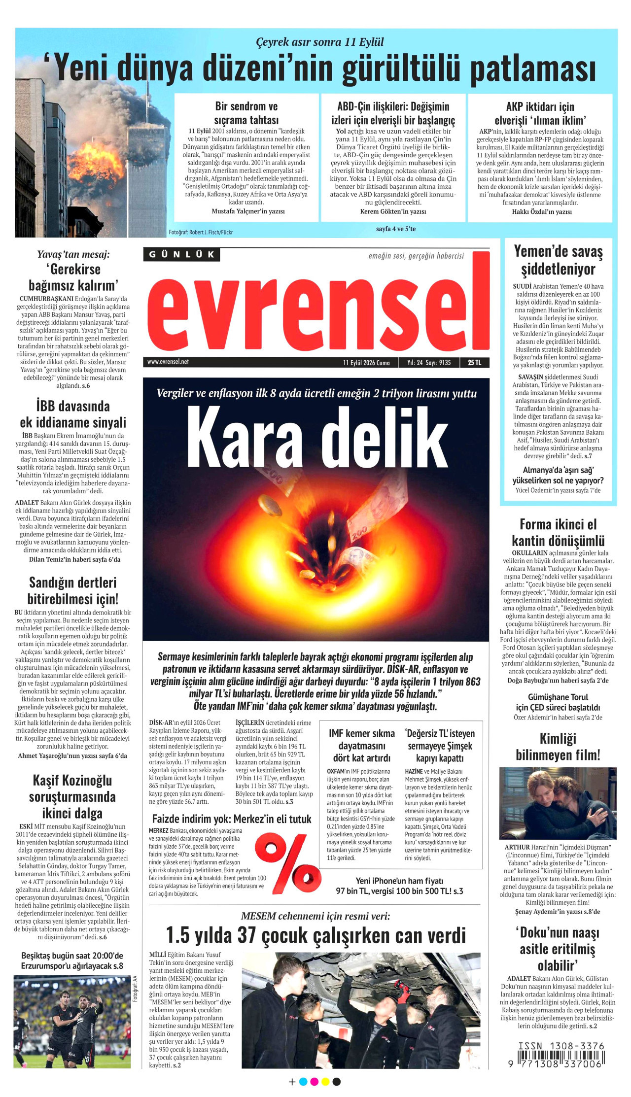EVRENSEL gazetesinin 11 Eylül 2026 tarihli birinci sayfası