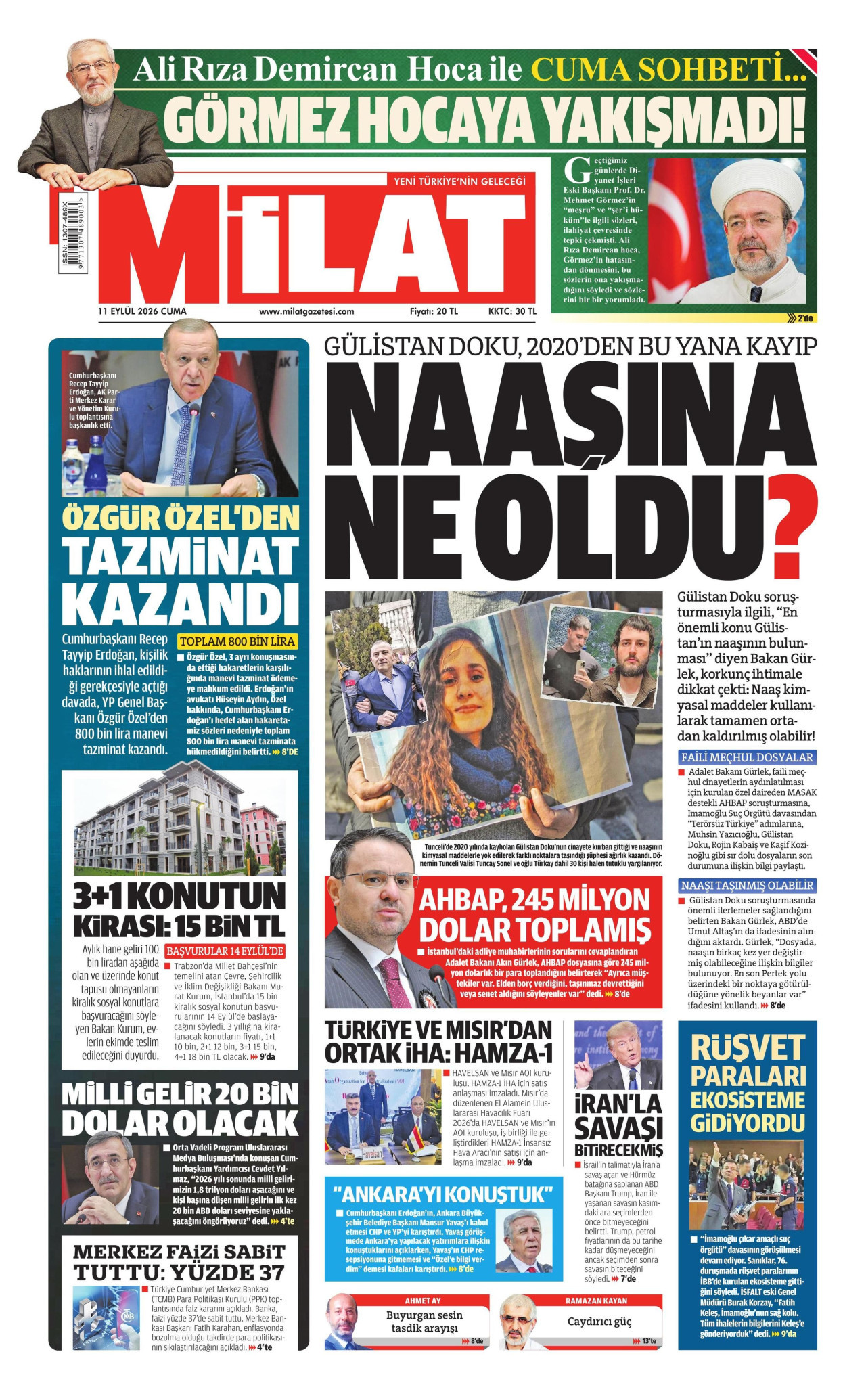 MİLAT gazetesinin 11 Eylül 2026 tarihli birinci sayfası