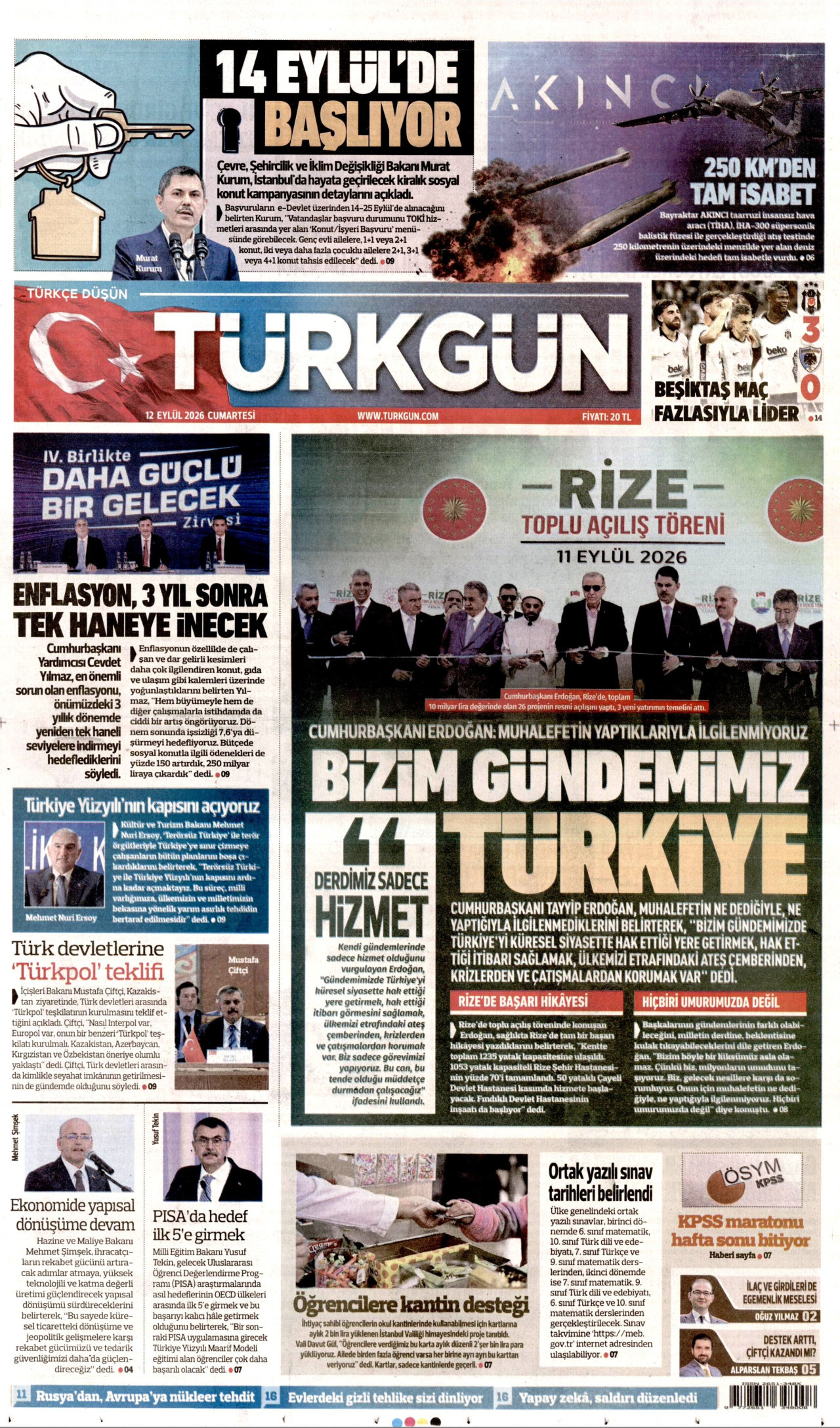 TÜRKGÜN gazetesinin 12 Eylül 2026 tarihli birinci sayfası