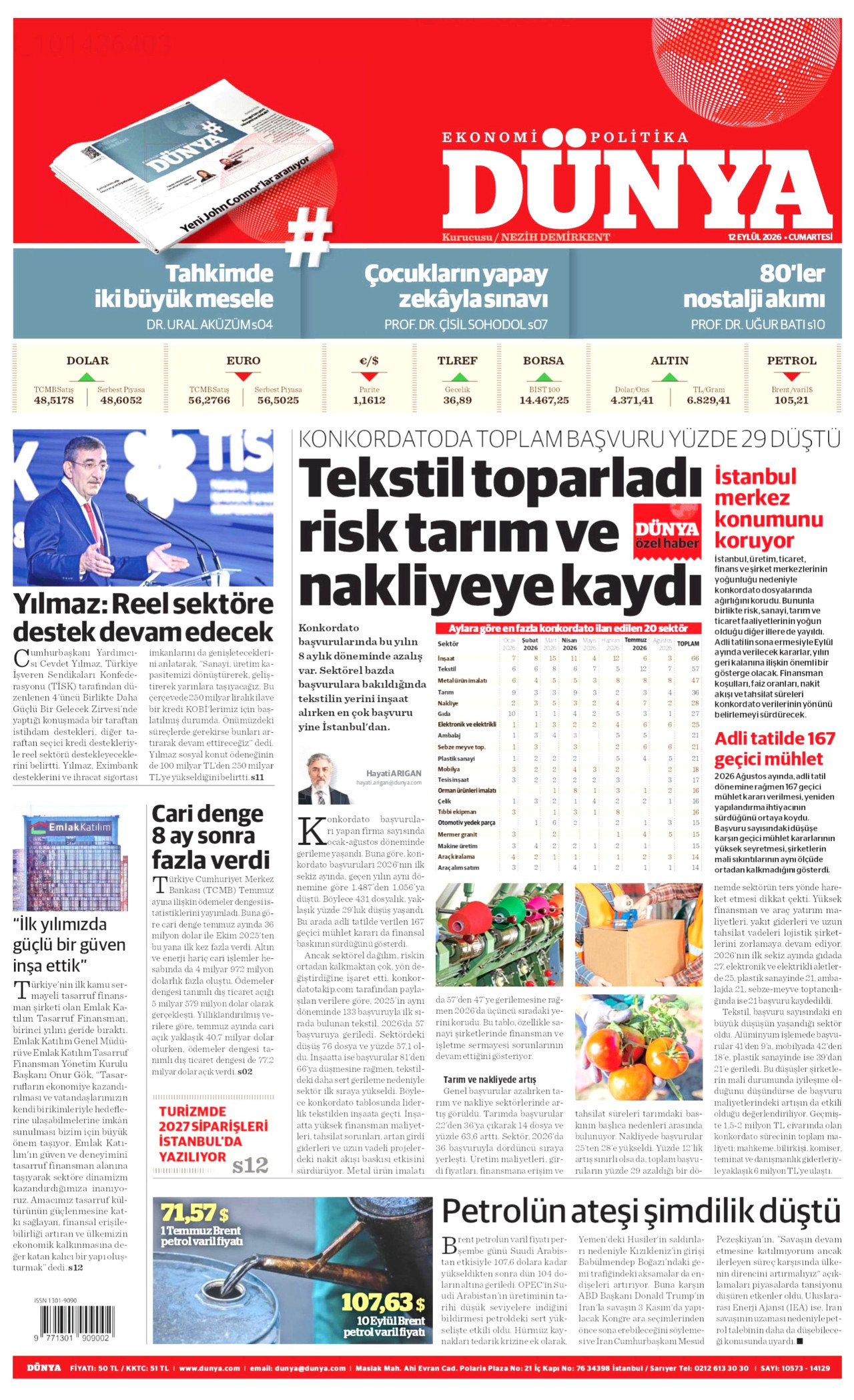 DÜNYA gazetesinin 12 Eylül 2026 tarihli birinci sayfası