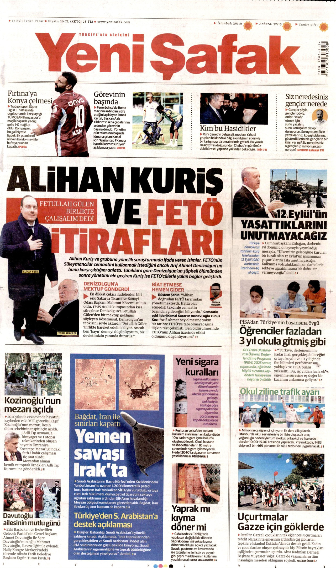 YENİ ŞAFAK gazetesinin 13 Eylül 2026 tarihli birinci sayfası