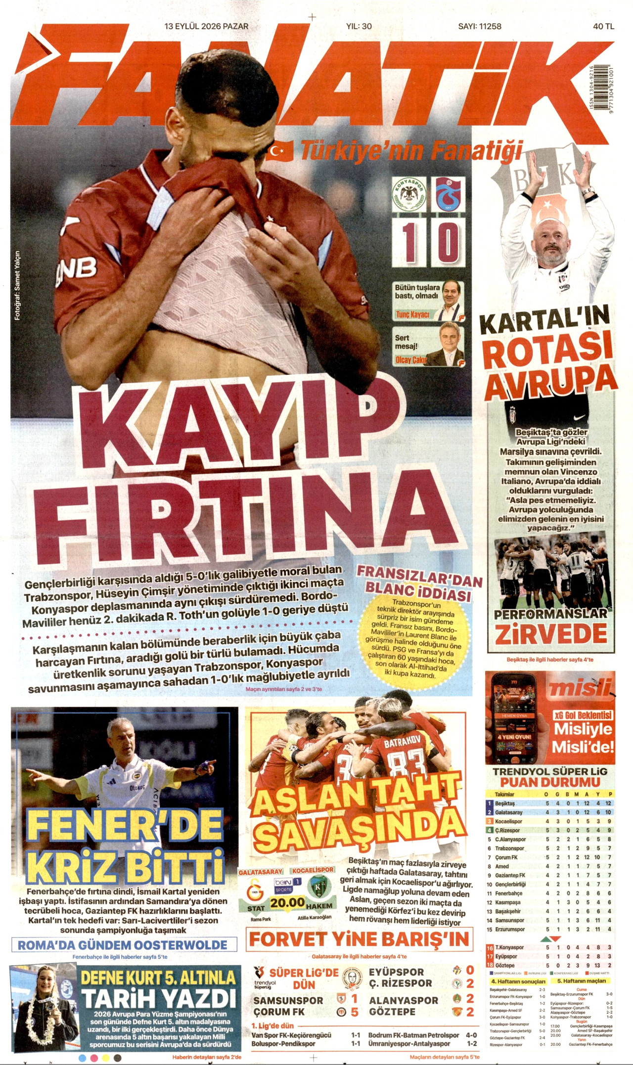 FANATİK gazetesinin 13 Eylül 2026 tarihli birinci sayfası