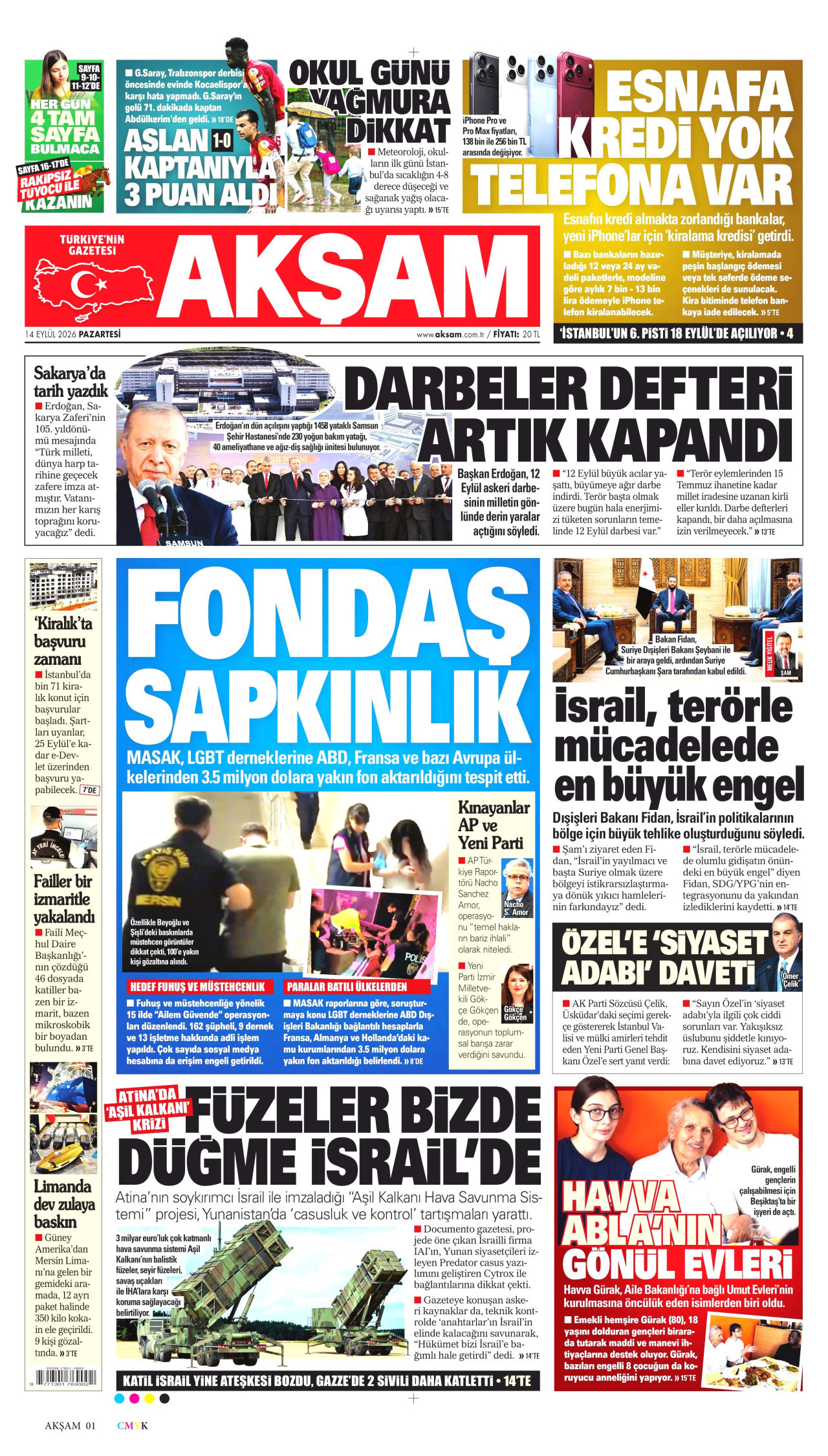 AKŞAM gazetesinin 14 Eylül 2026 tarihli birinci sayfası