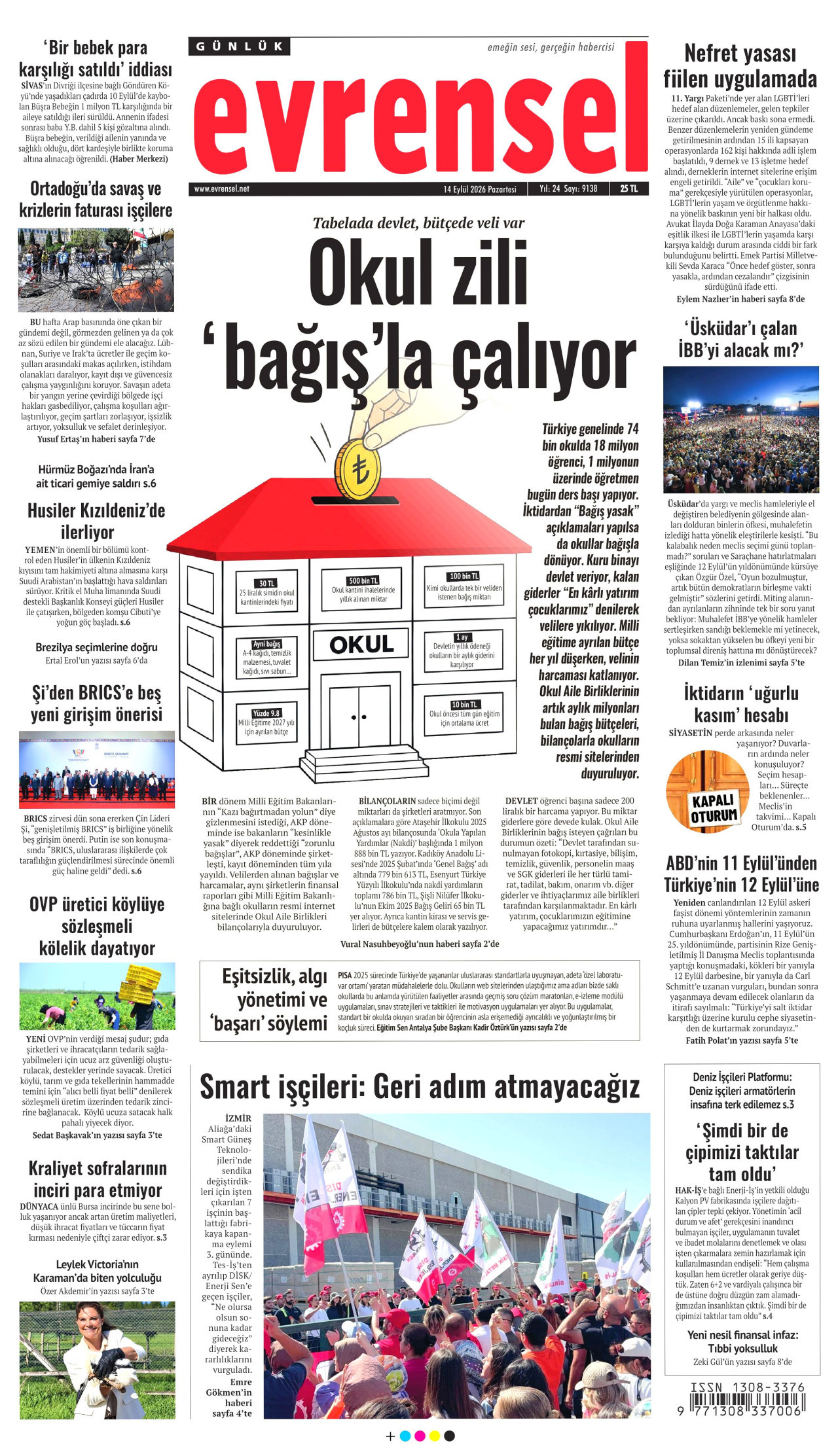 EVRENSEL gazetesinin 14 Eylül 2026 tarihli birinci sayfası