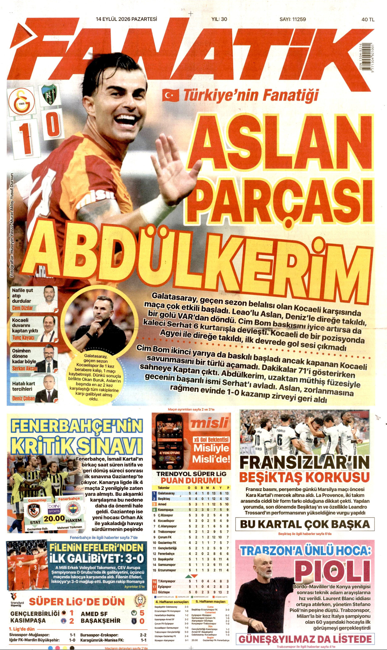 FANATİK gazetesinin 14 Eylül 2026 tarihli birinci sayfası