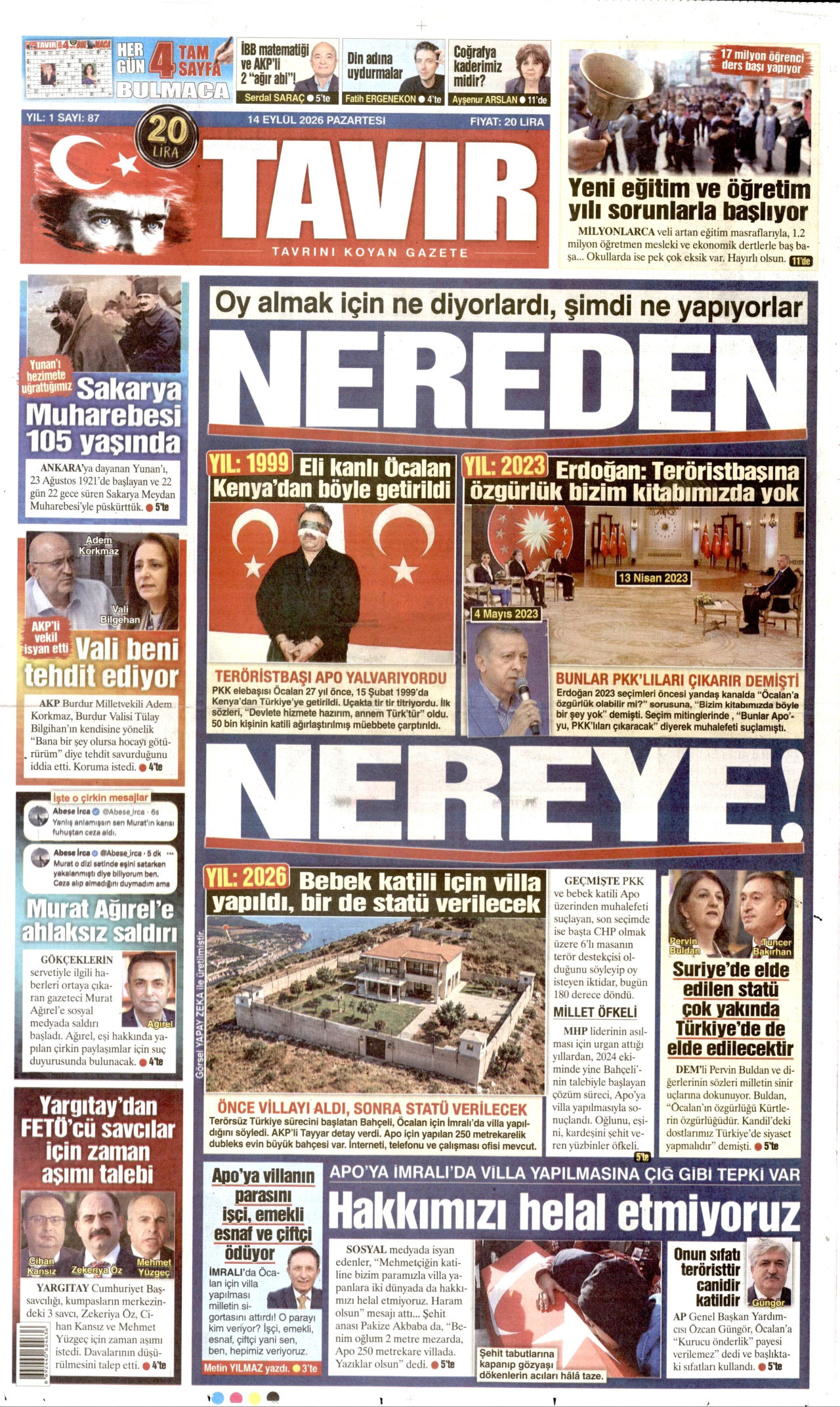 TAVIR GAZETESİ gazetesinin 14 Eylül 2026 tarihli birinci sayfası
