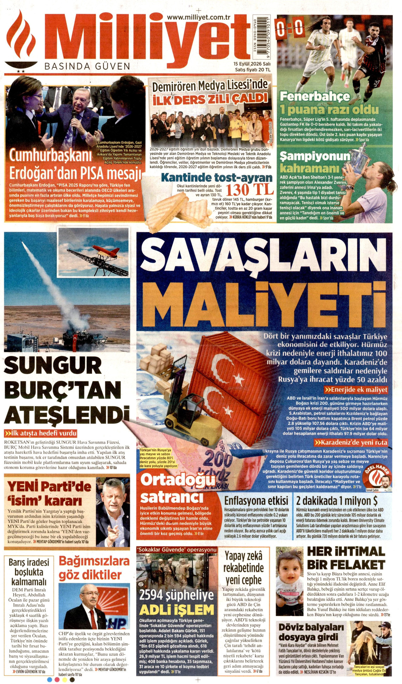 MİLLİYET 15 Eylül 2026 Gazete Manşeti Büyük