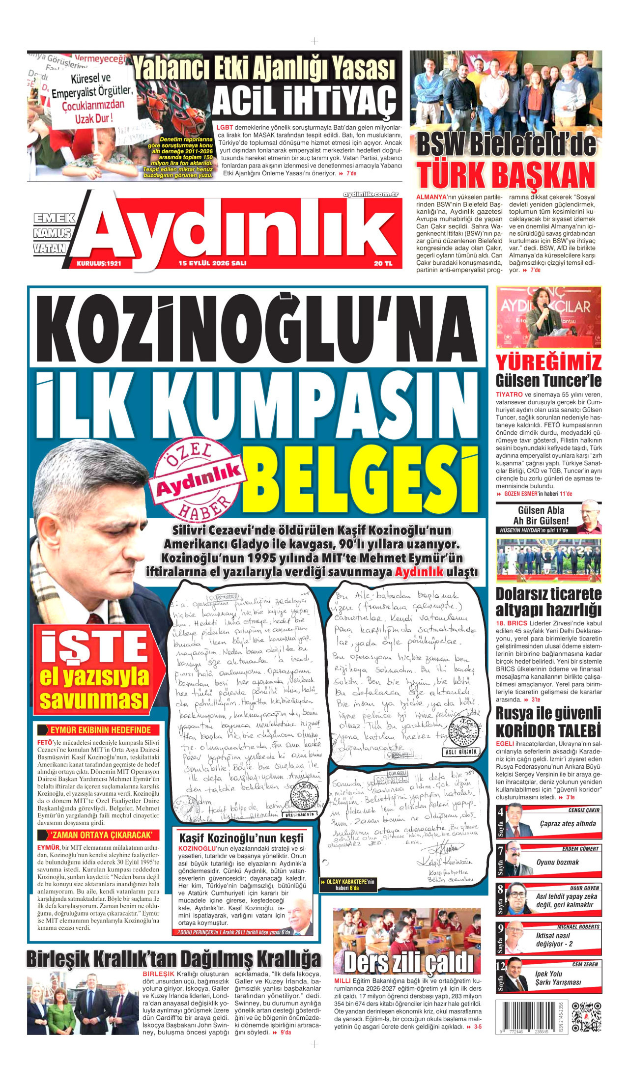 AYDINLIK GAZETESİ 15 Eylül 2026 Gazete Manşeti Büyük