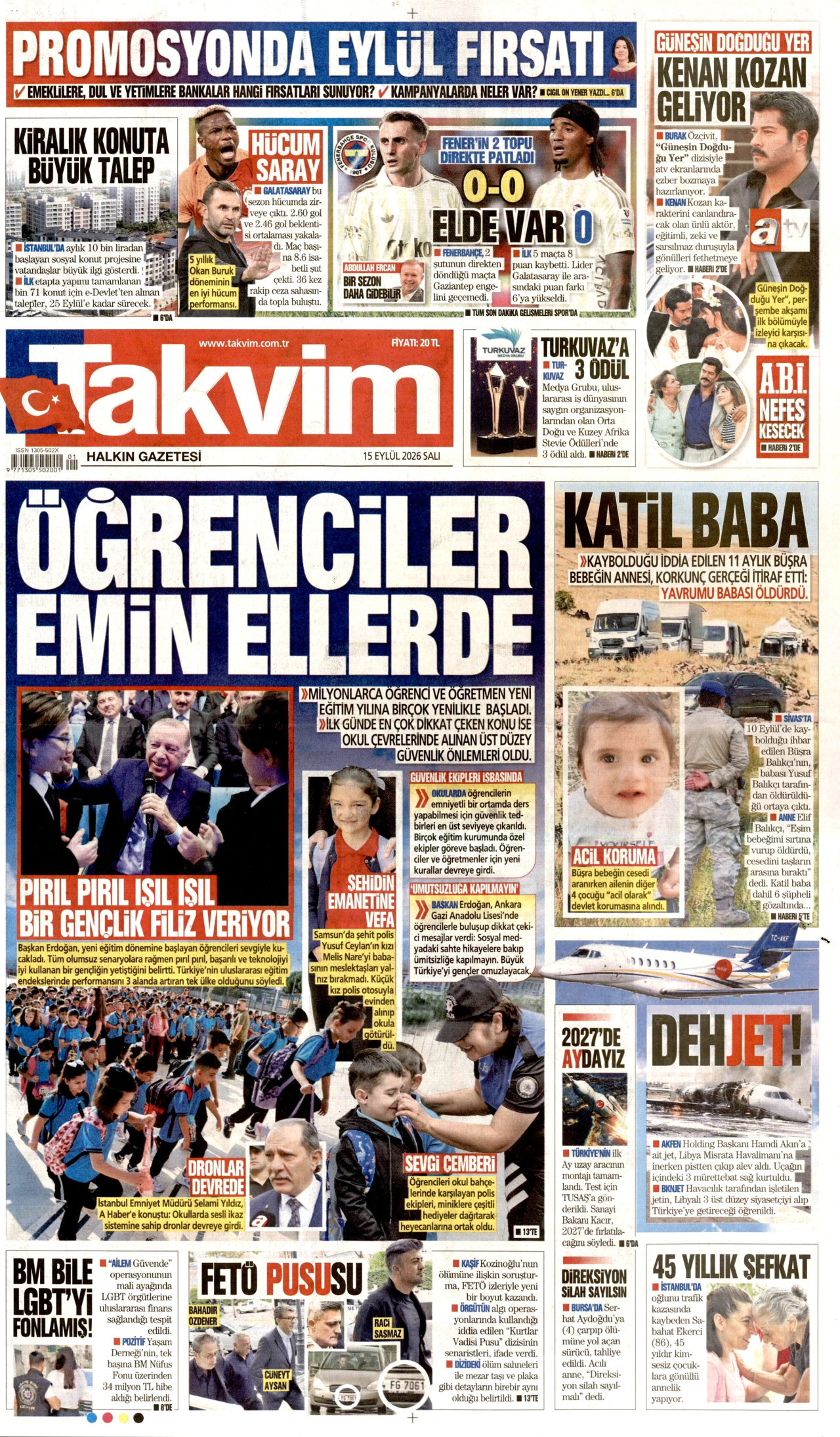 TAKVİM 15 Eylül 2026 Gazete Manşeti Büyük