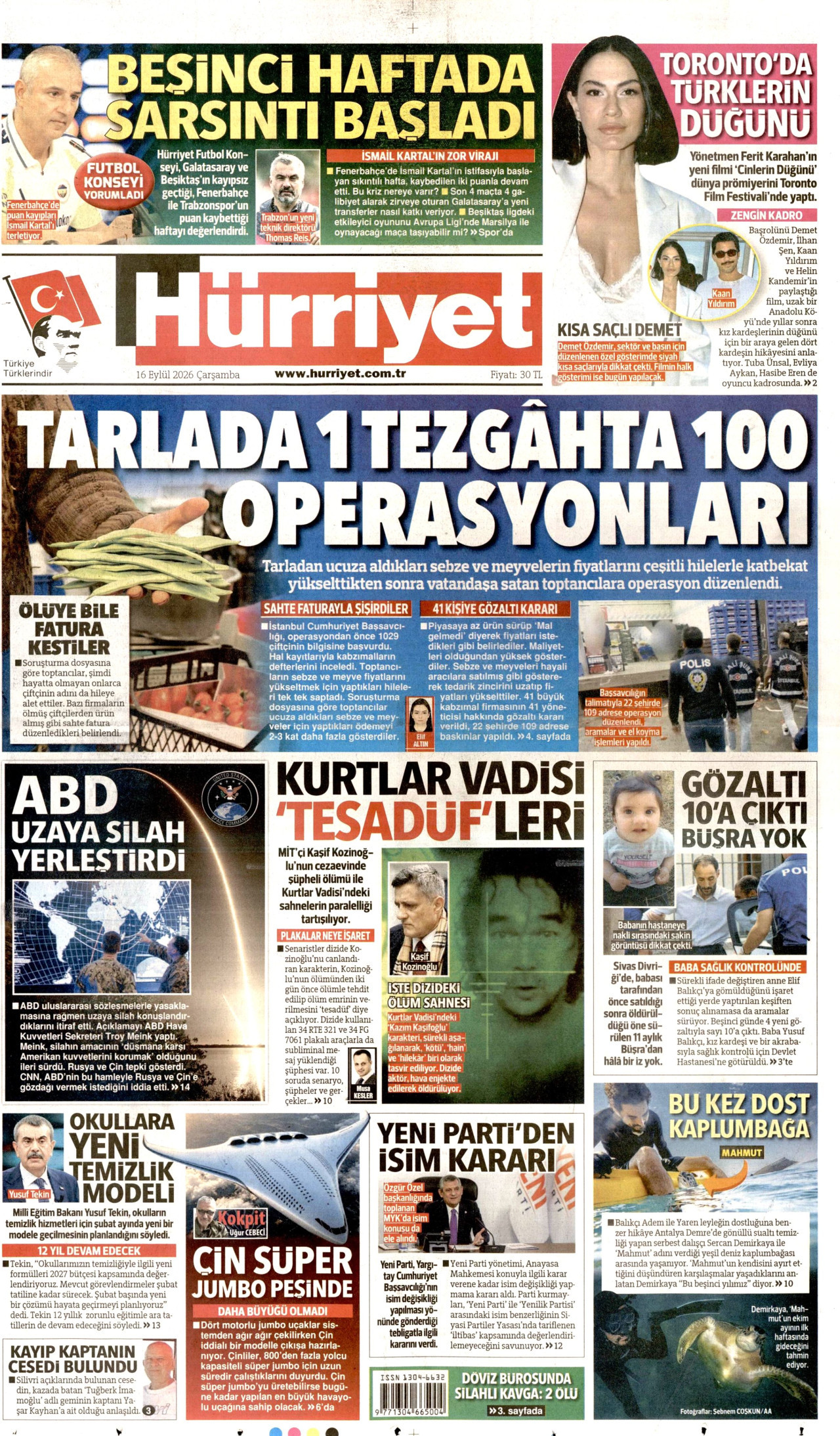 HÜRRİYET 16 Eylül 2026 Gazete Manşeti Büyük