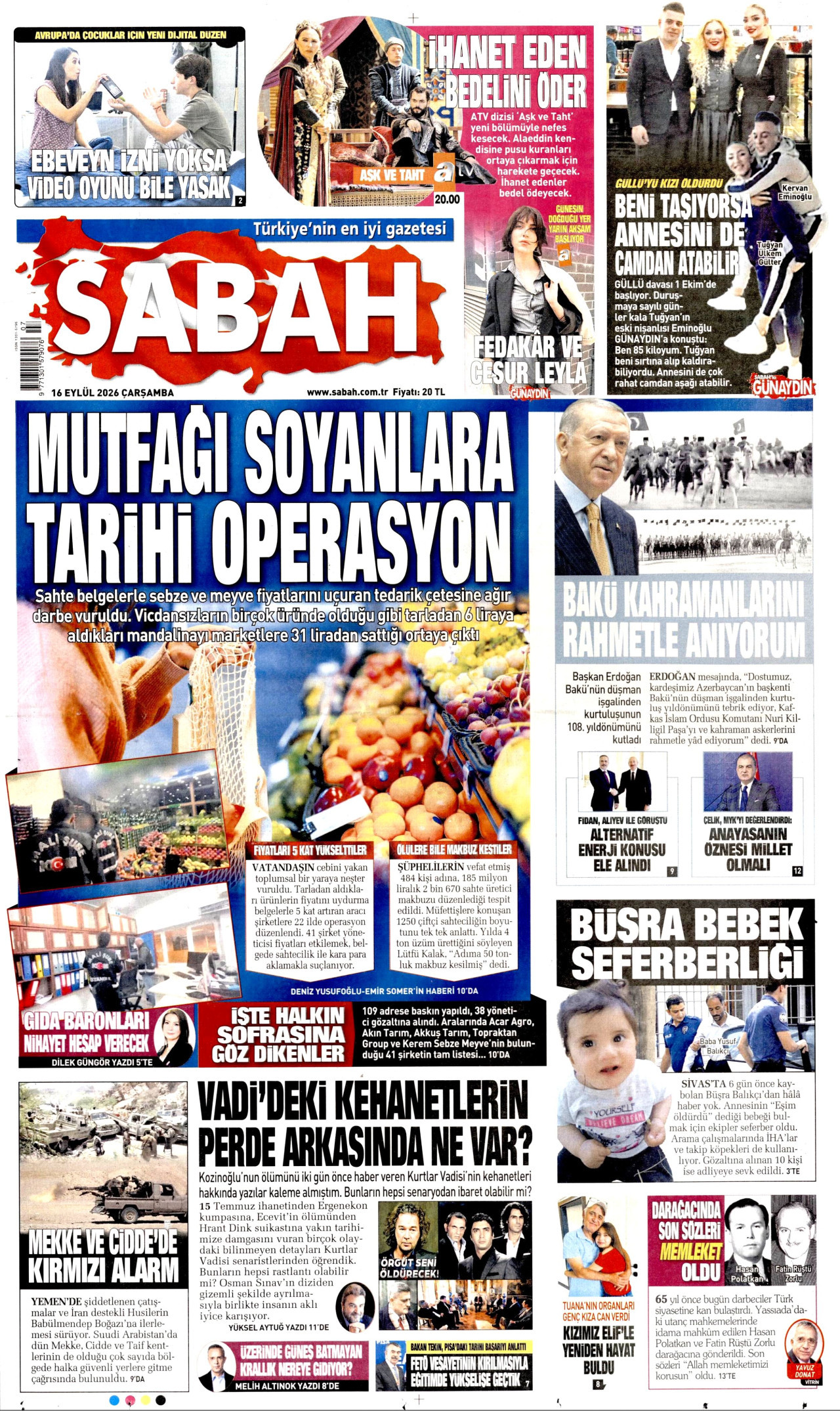 SABAH 16 Eylül 2026 Gazete Manşeti Büyük