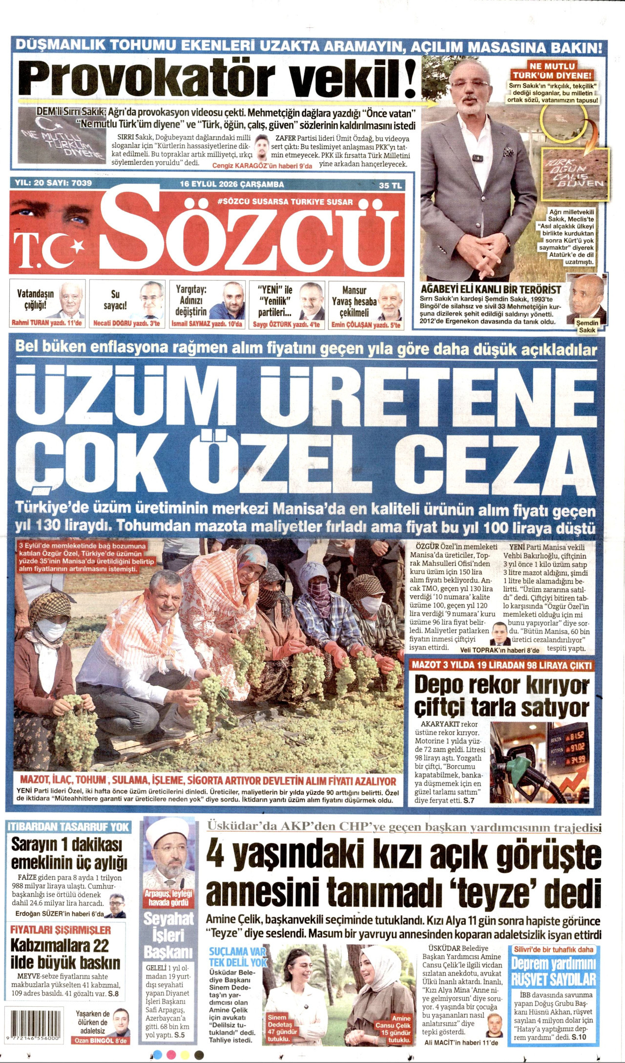 SÖZCÜ 16 Eylül 2026 Gazete Manşeti Büyük