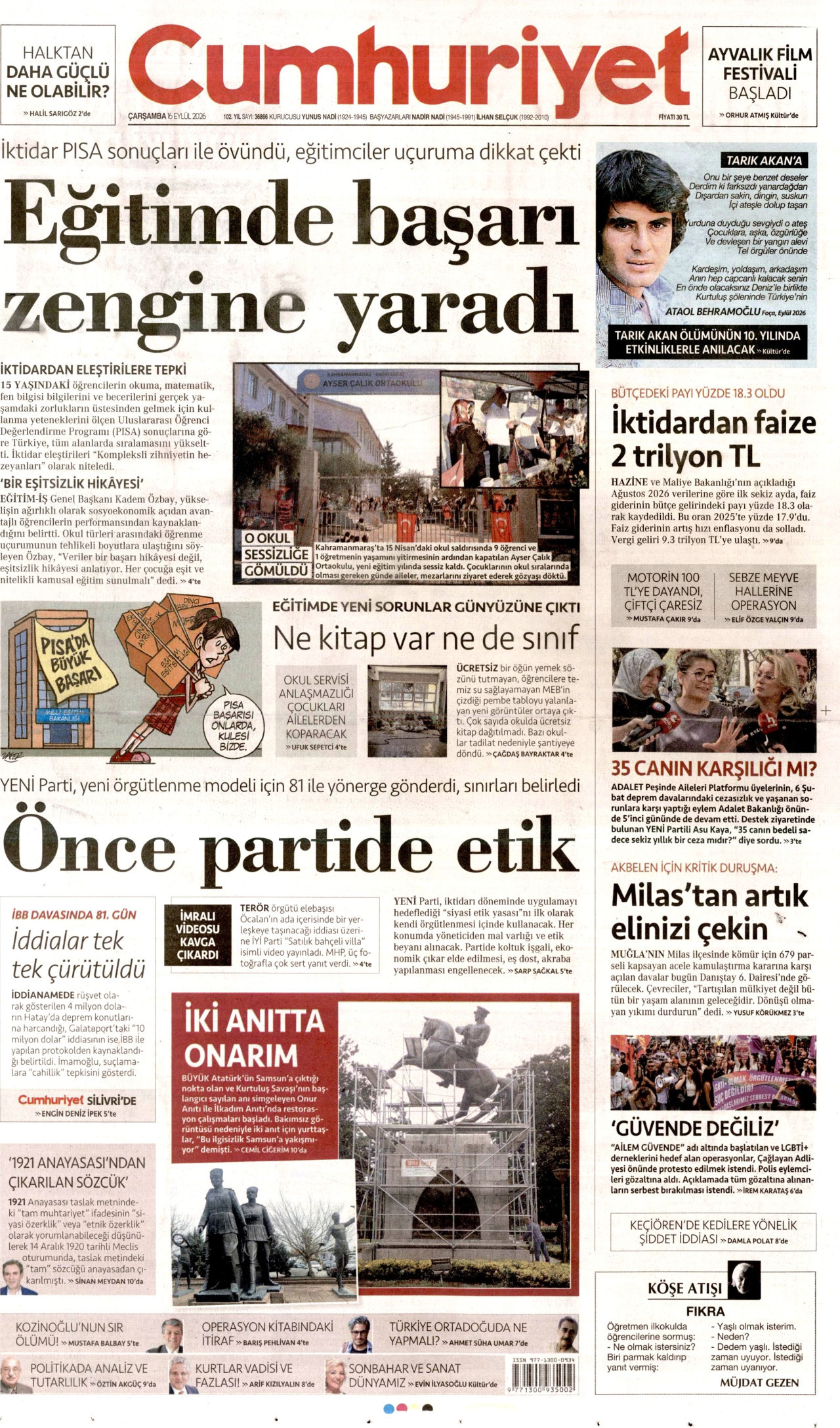 CUMHURİYET 16 Eylül 2026 Gazete Manşeti Büyük