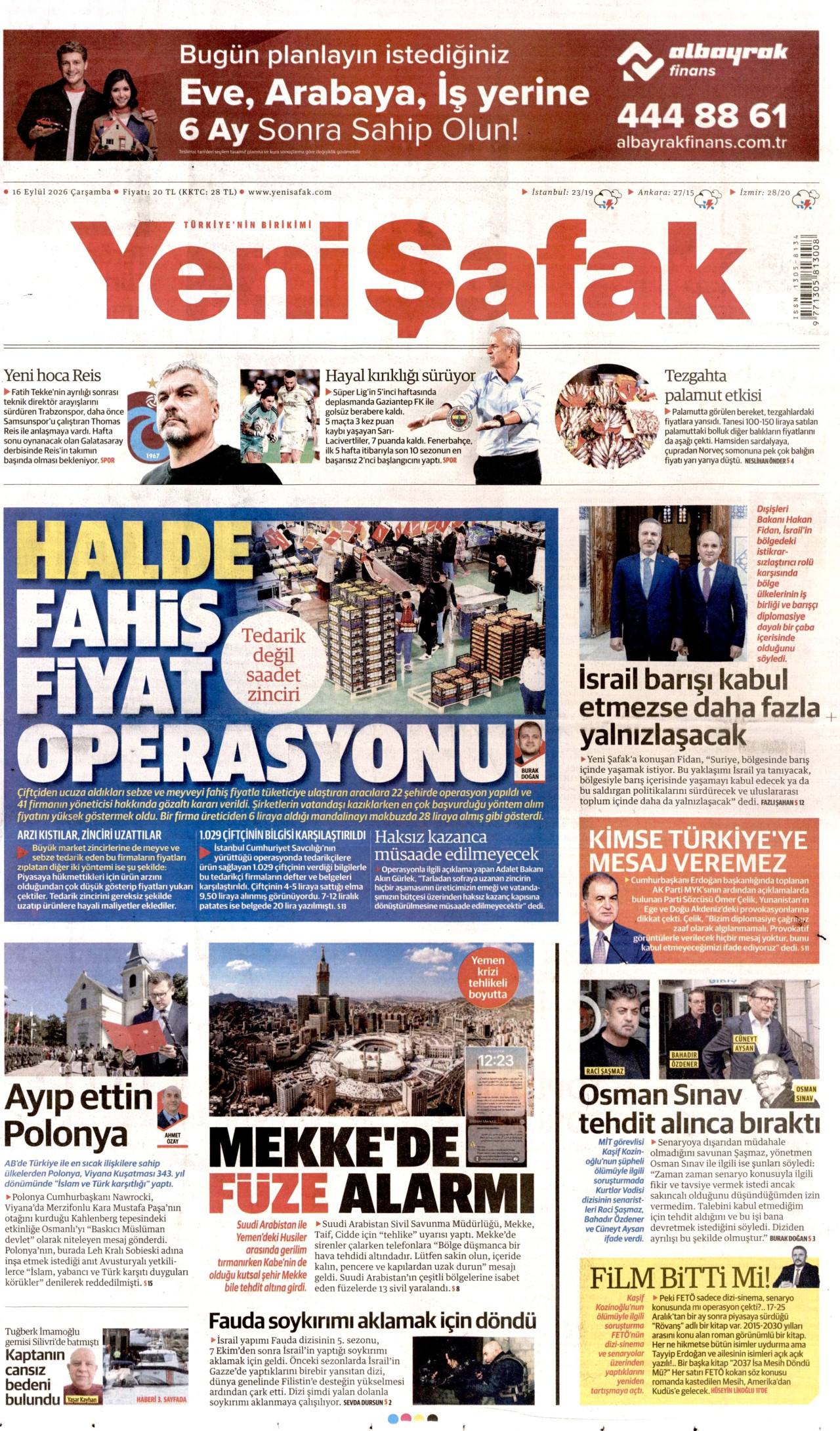 YENİ ŞAFAK 16 Eylül 2026 Gazete Manşeti Büyük