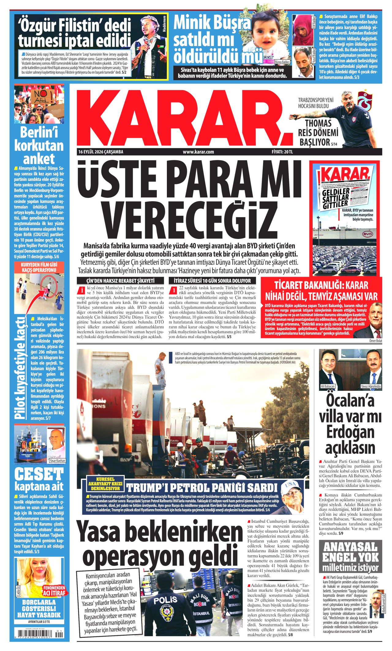 KARAR 16 Eylül 2026 Gazete Manşeti Büyük