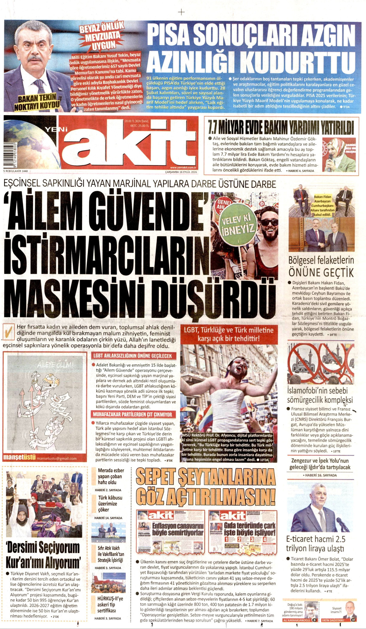 YENİ AKİT 16 Eylül 2026 Gazete Manşeti Büyük