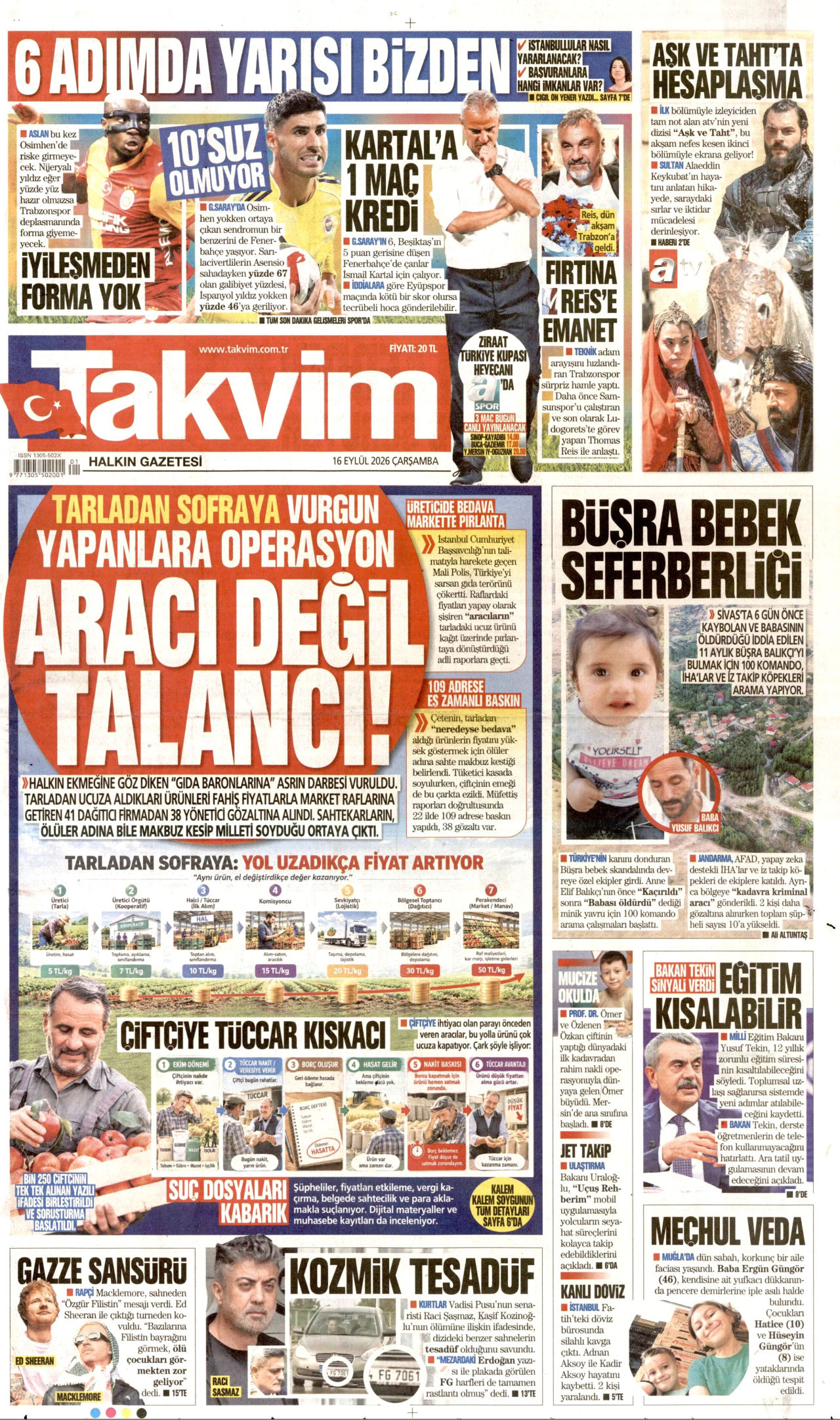TAKVİM 16 Eylül 2026 Gazete Manşeti Büyük