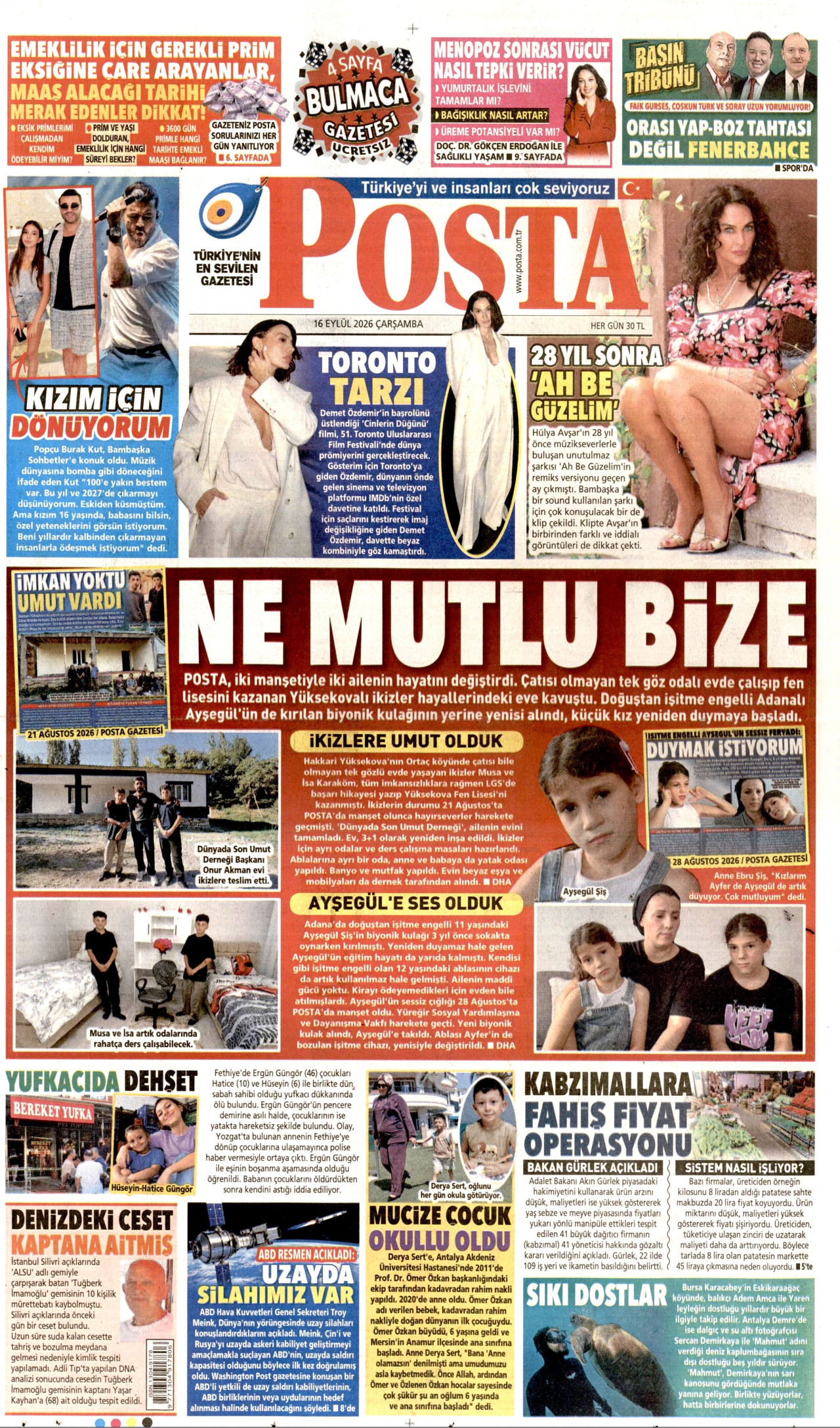 POSTA 16 Eylül 2026 Gazete Manşeti Büyük