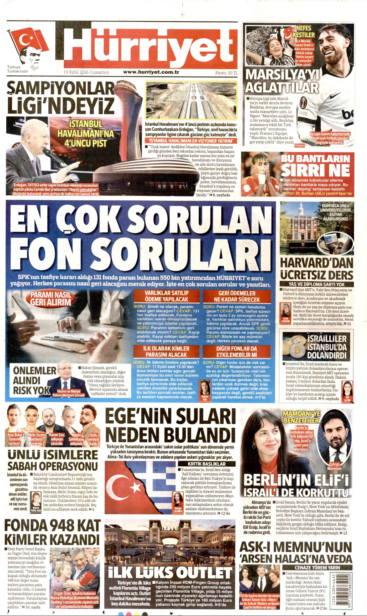 HÜRRİYET gazetesinin 19 Eylül 2026 tarihli birinci sayfası