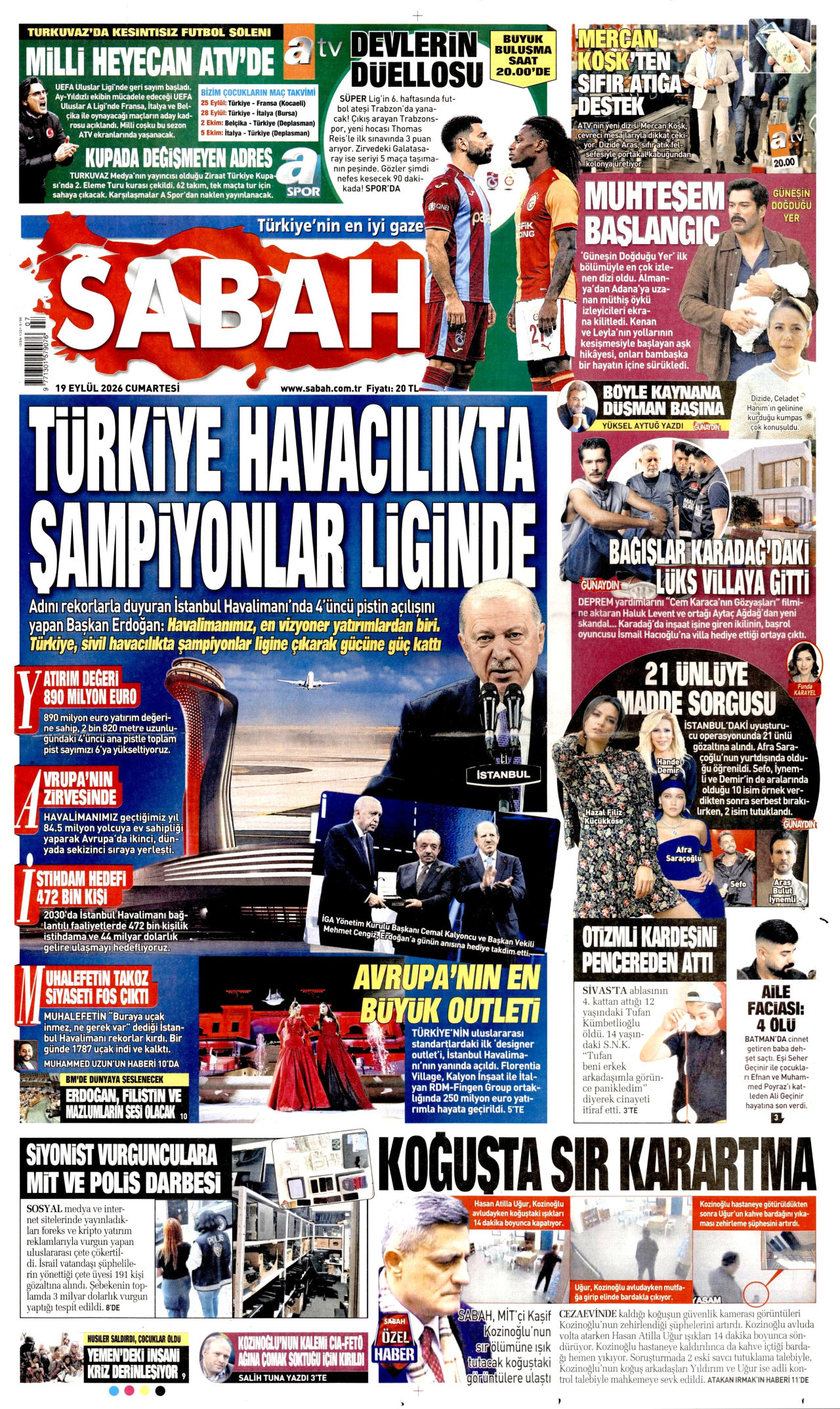 SABAH gazetesinin 19 Eylül 2026 tarihli birinci sayfası