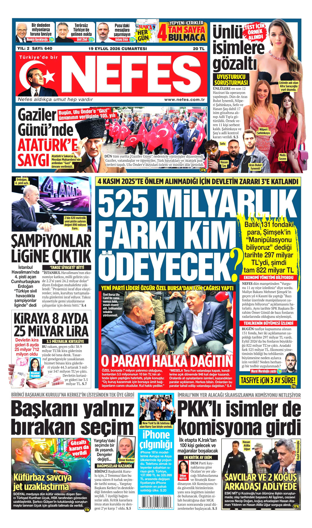 NEFES gazetesinin 19 Eylül 2026 tarihli birinci sayfası
