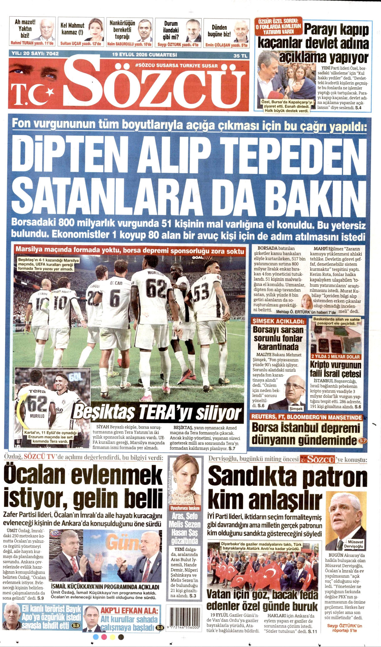 SÖZCÜ gazetesinin 19 Eylül 2026 tarihli birinci sayfası