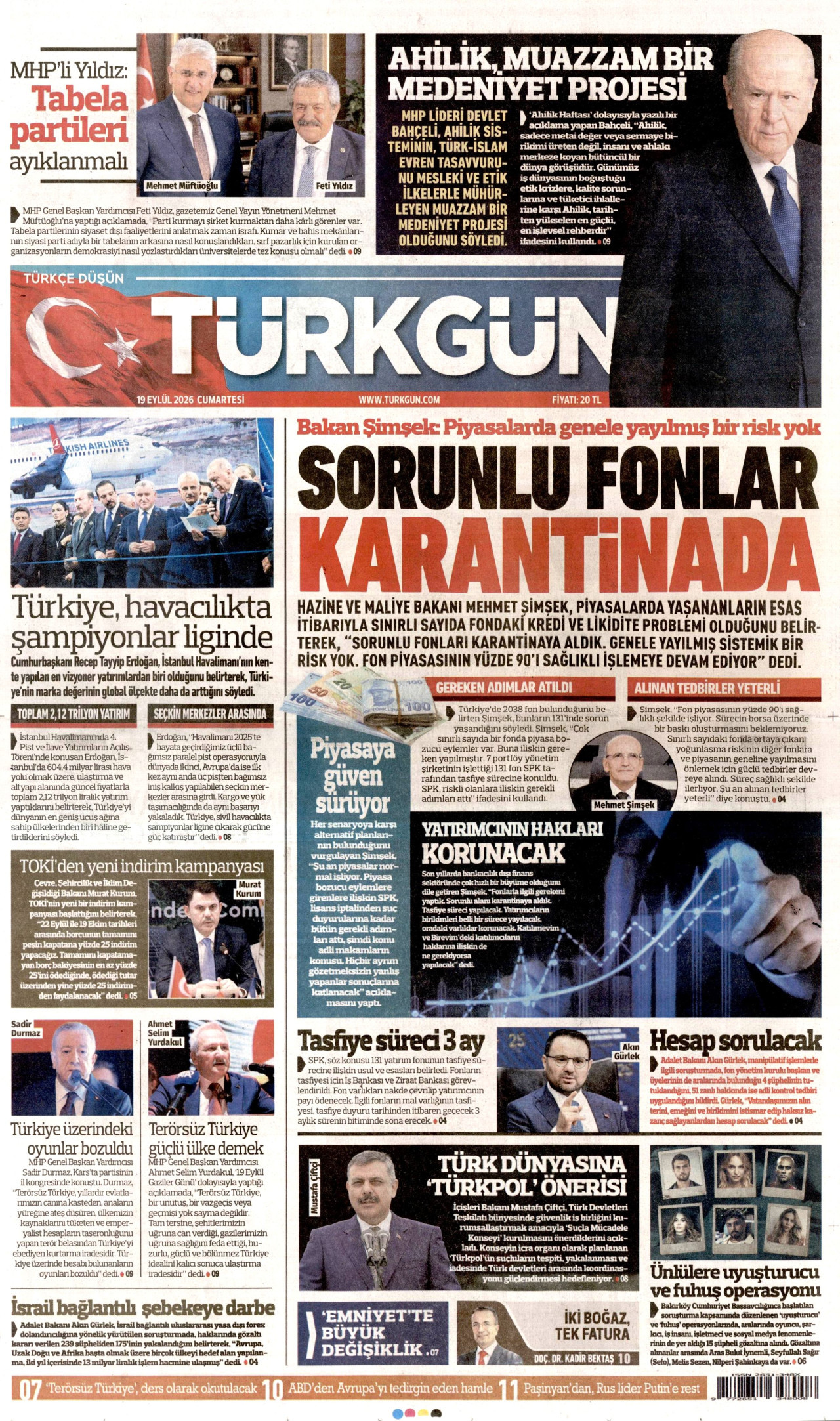 TÜRKGÜN gazetesinin 19 Eylül 2026 tarihli birinci sayfası