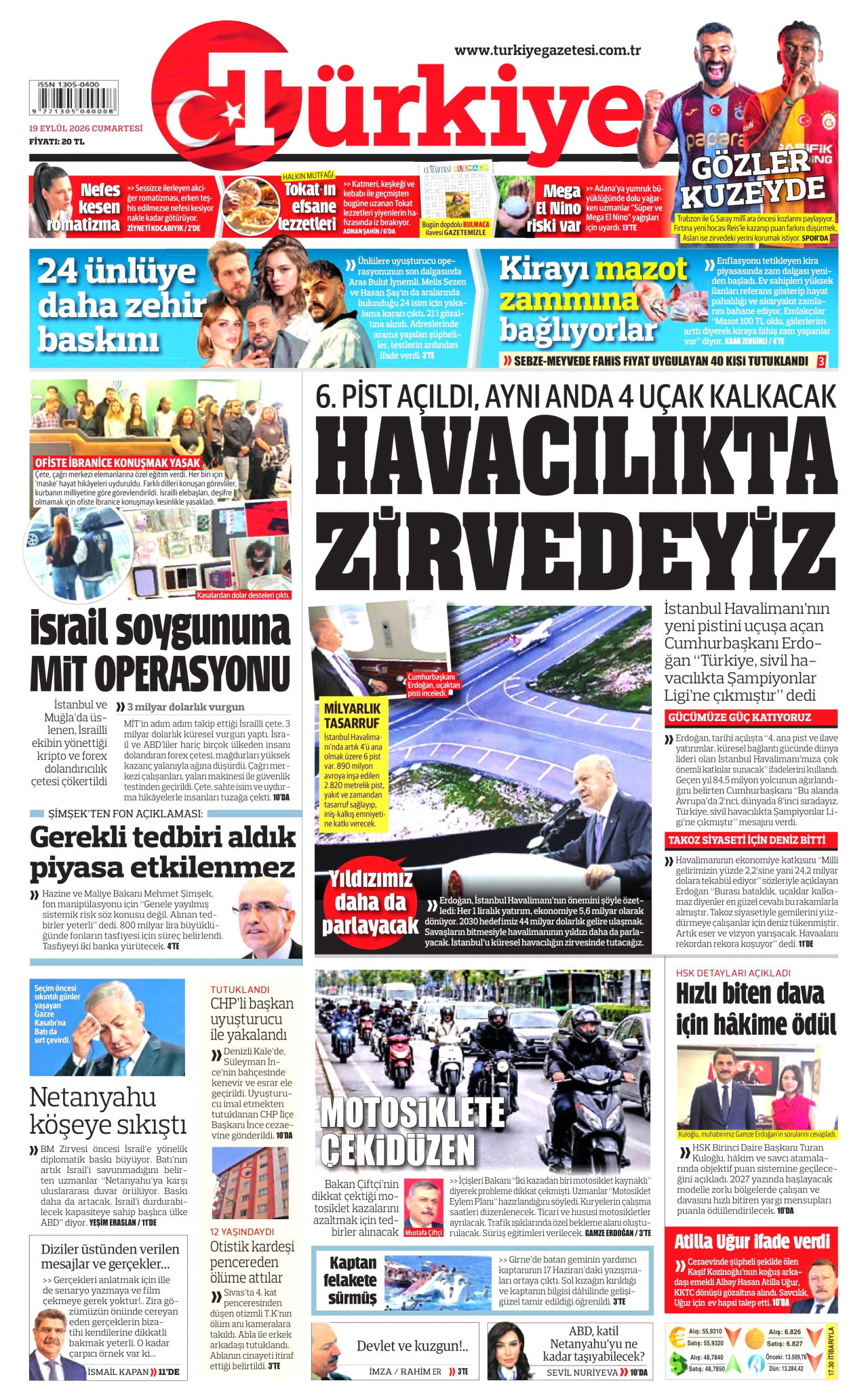 TÜRKİYE GAZETESİ gazetesinin 19 Eylül 2026 tarihli birinci sayfası