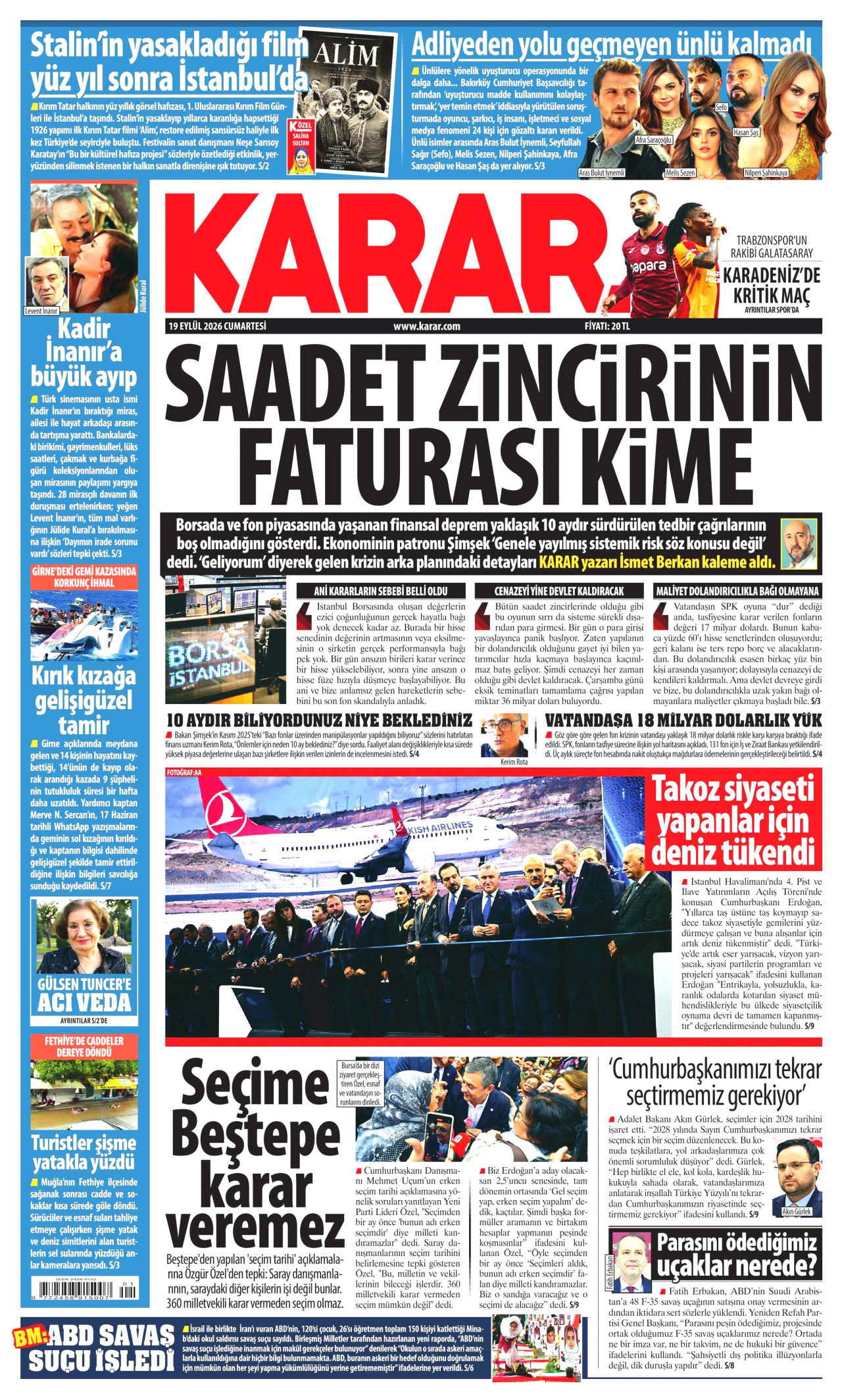 KARAR gazetesinin 19 Eylül 2026 tarihli birinci sayfası