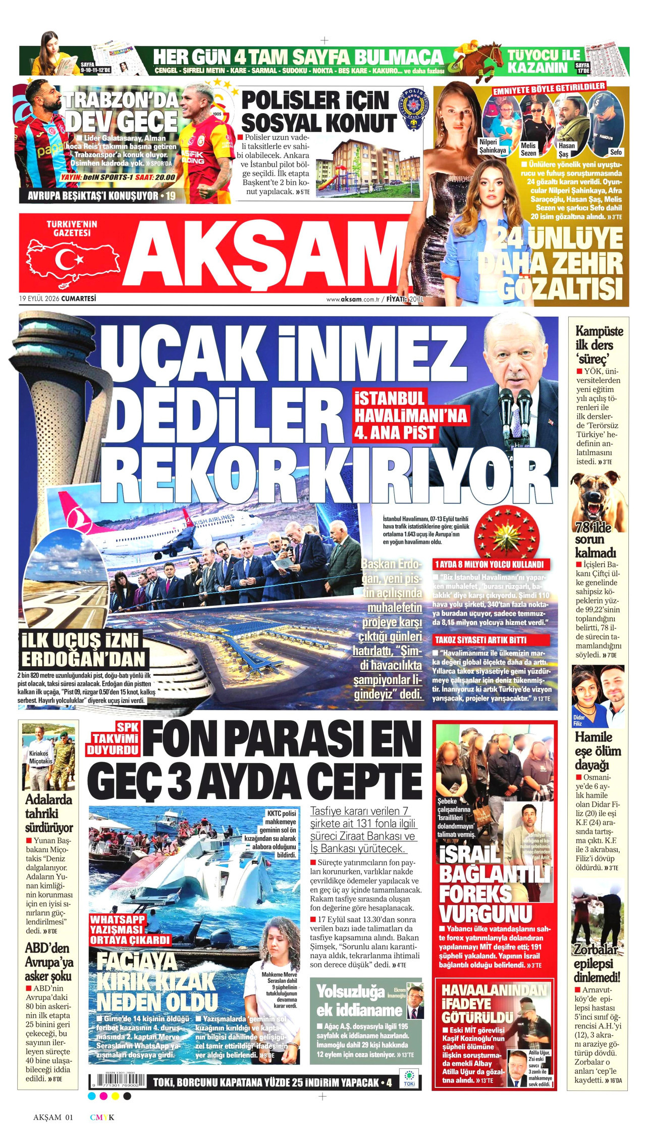 AKŞAM gazetesinin 19 Eylül 2026 tarihli birinci sayfası