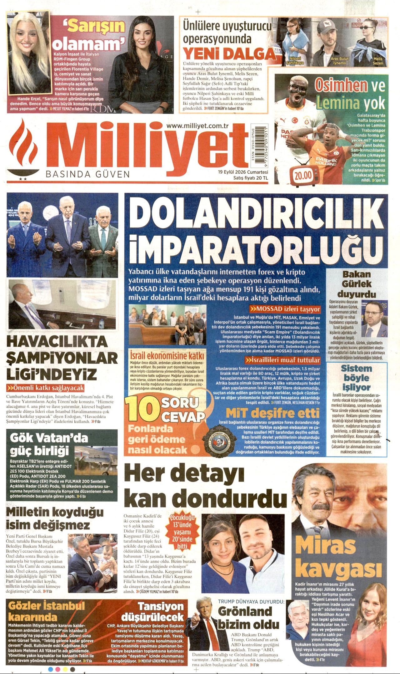 MİLLİYET gazetesinin 19 Eylül 2026 tarihli birinci sayfası