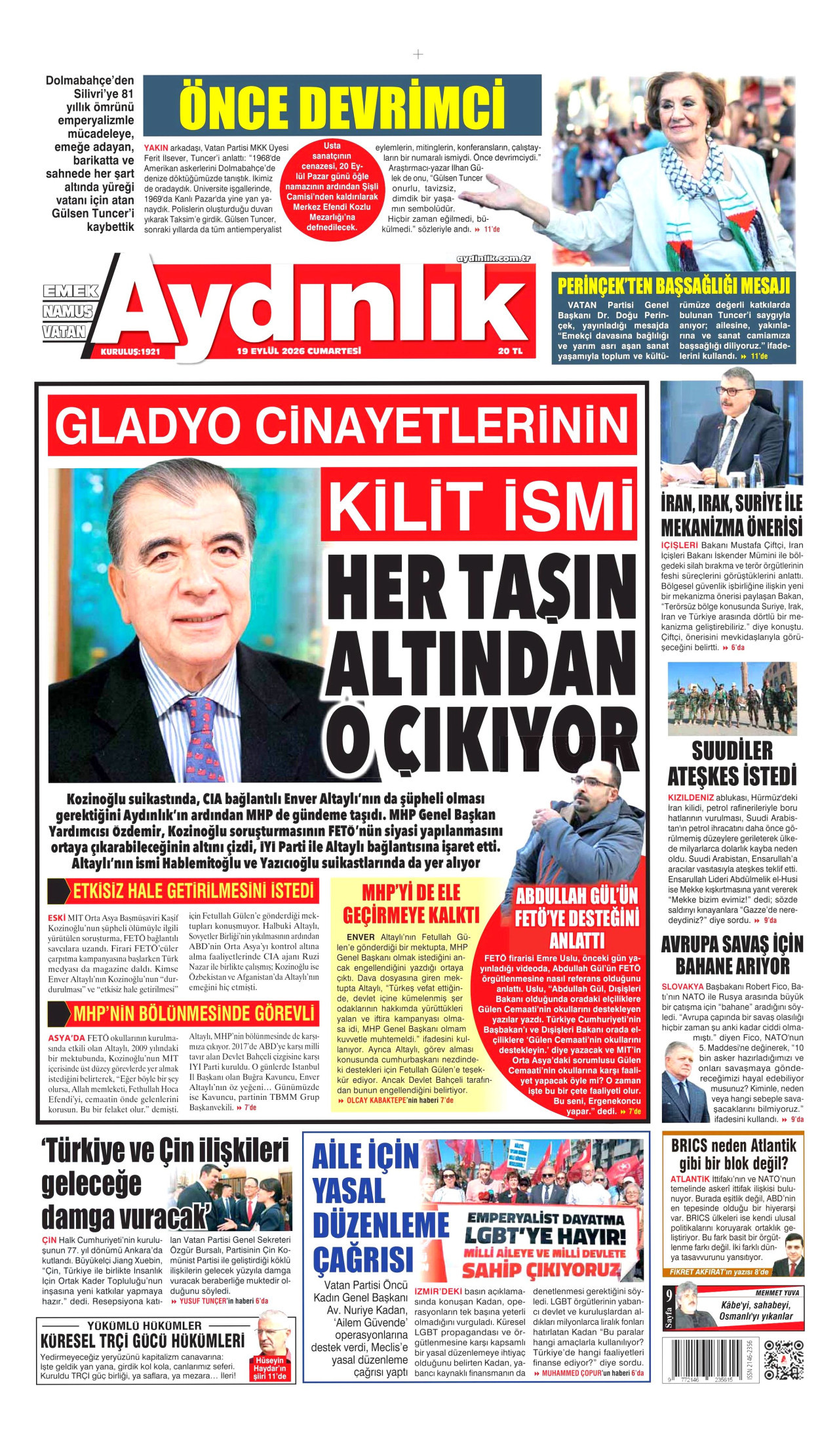 AYDINLIK GAZETESİ gazetesinin 19 Eylül 2026 tarihli birinci sayfası