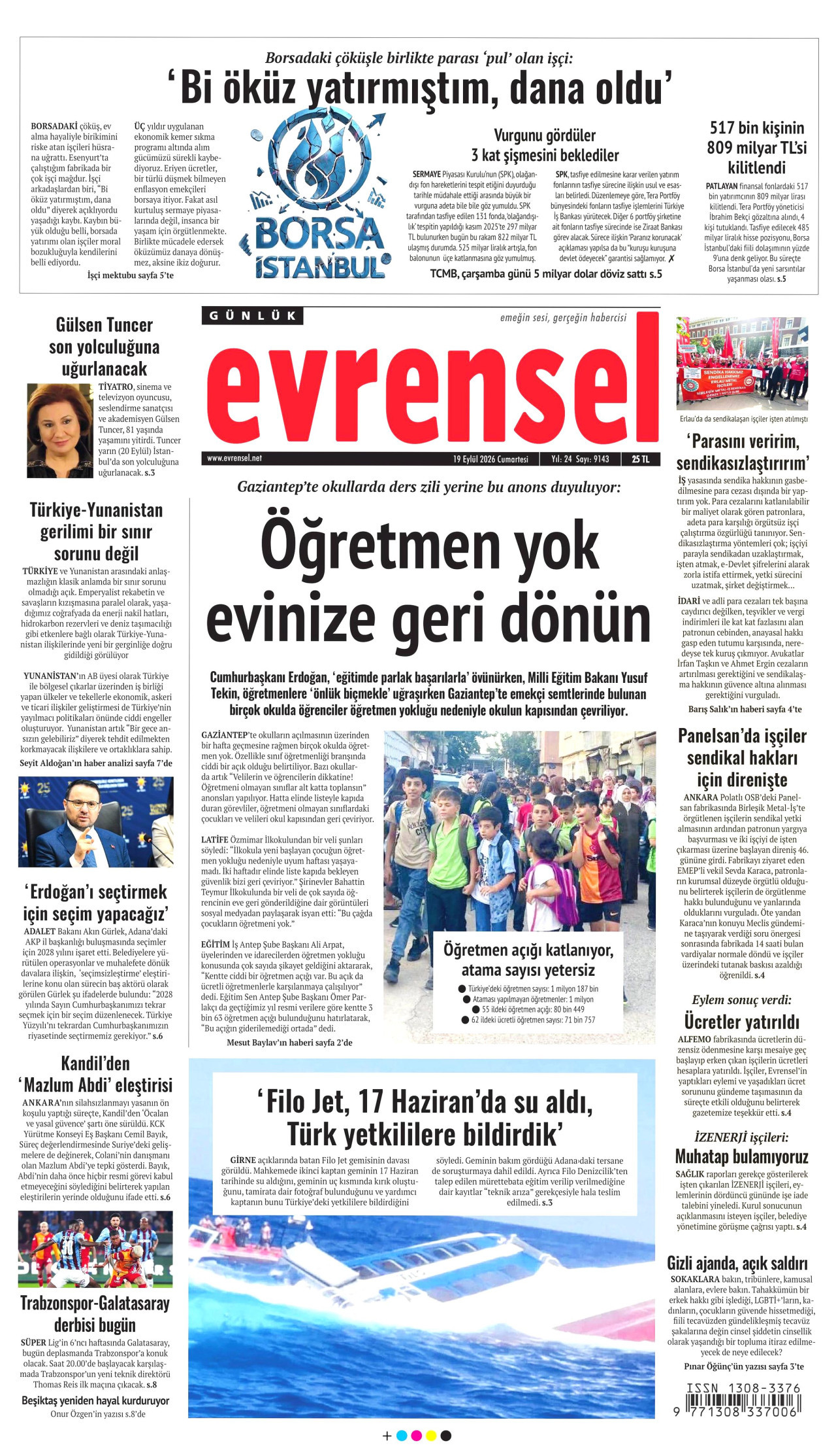 EVRENSEL gazetesinin 19 Eylül 2026 tarihli birinci sayfası