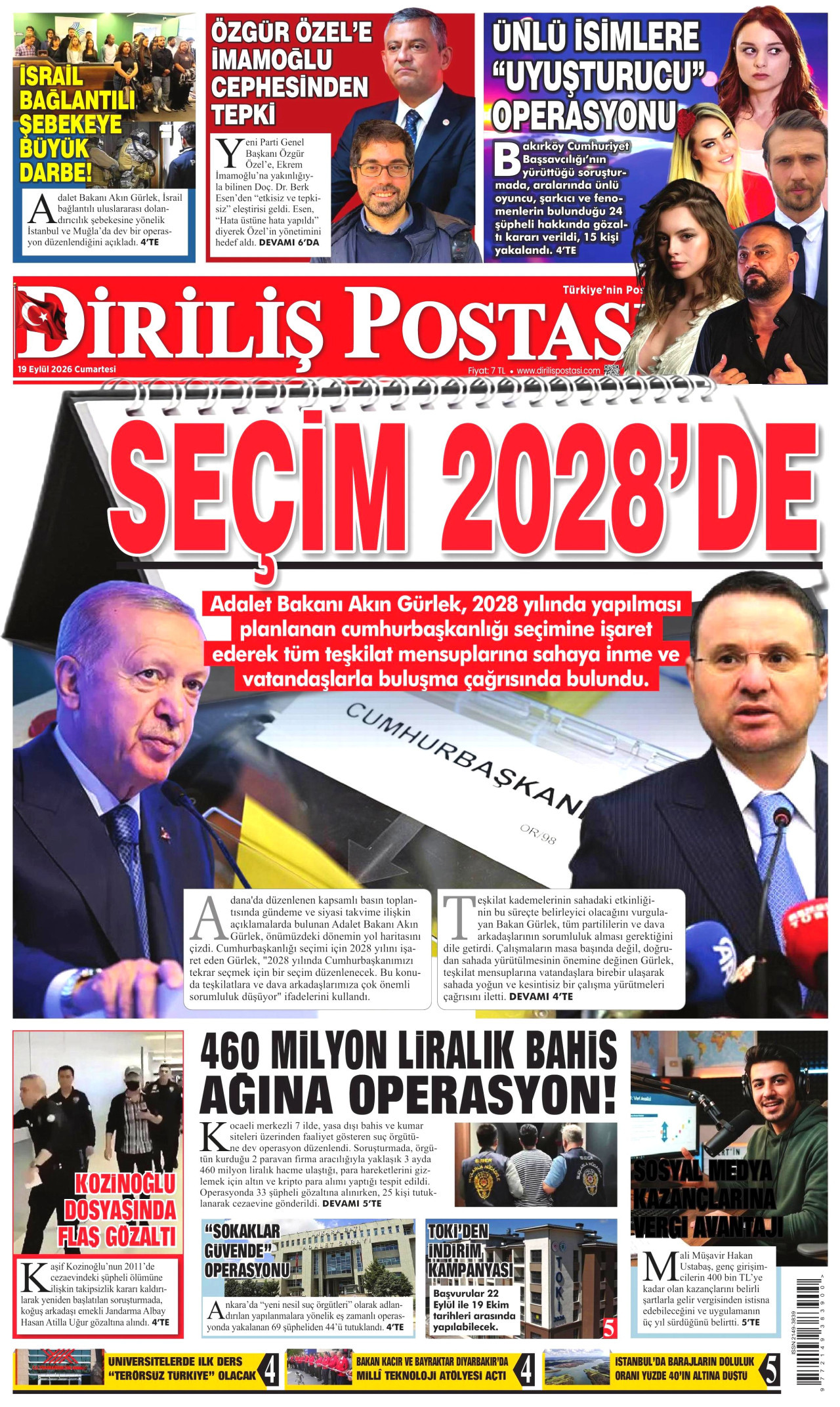 DİRİLİŞ POSTASI gazetesinin 19 Eylül 2026 tarihli birinci sayfası