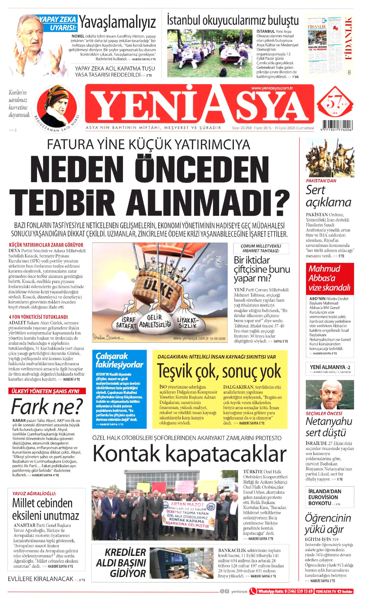 YENİ ASYA gazetesinin 19 Eylül 2026 tarihli birinci sayfası