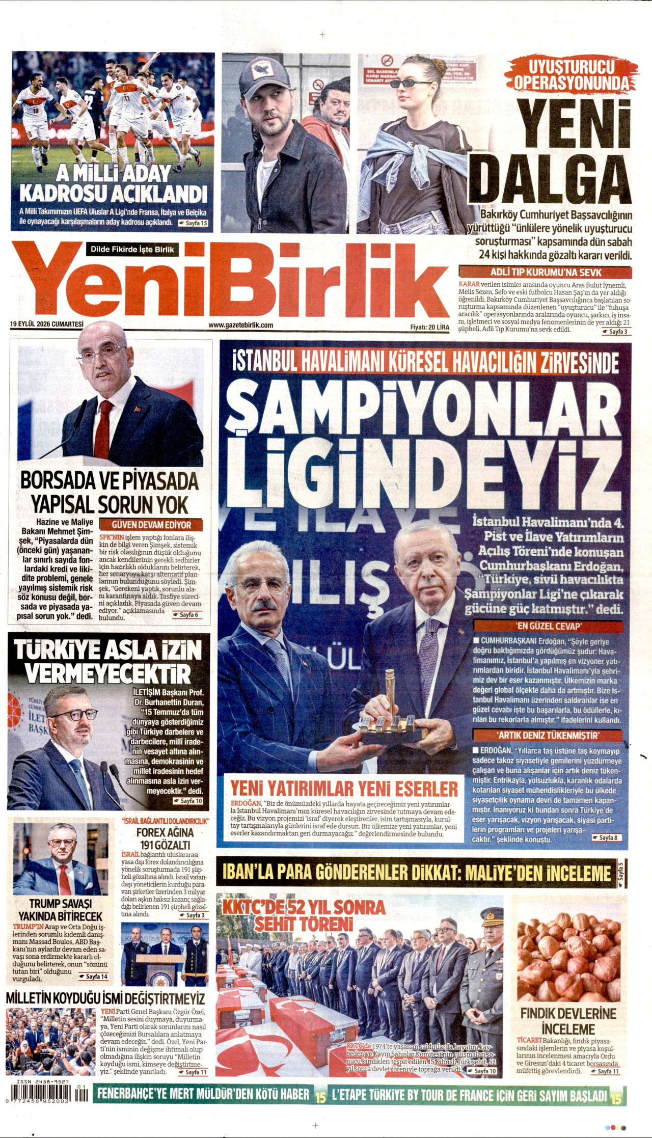 YENİBİRLİK gazetesinin 19 Eylül 2026 tarihli birinci sayfası