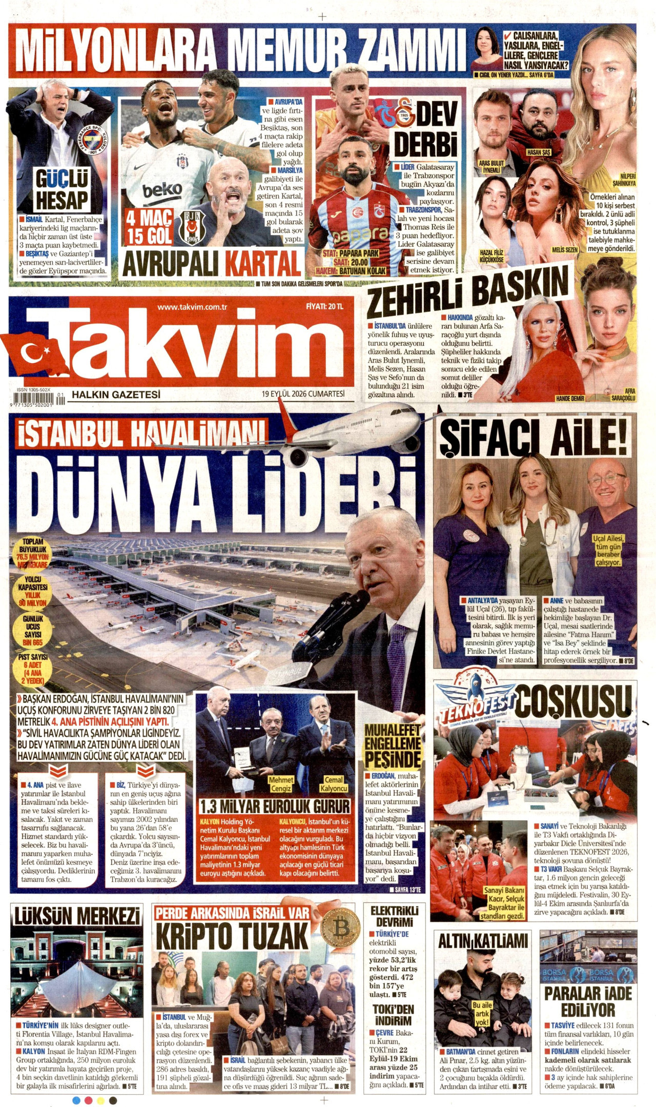 TAKVİM gazetesinin 19 Eylül 2026 tarihli birinci sayfası