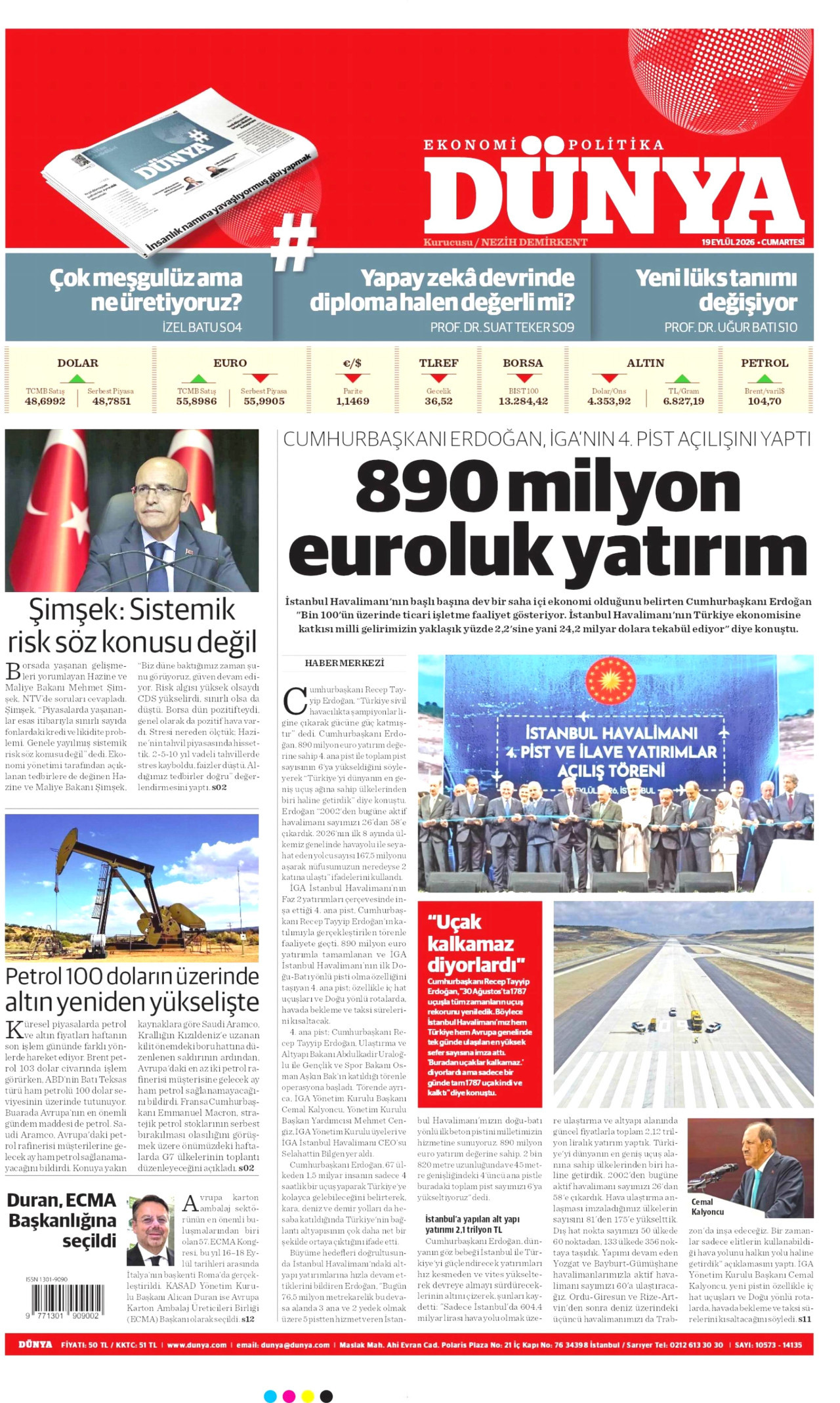 DÜNYA gazetesinin 19 Eylül 2026 tarihli birinci sayfası
